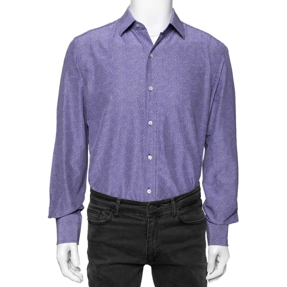 مملوكة مسبقًا قميص توم فورد حرير وقطن مطبوع أزرق بأزرار أمامية مقاس كبير جدًا - إكس لارج