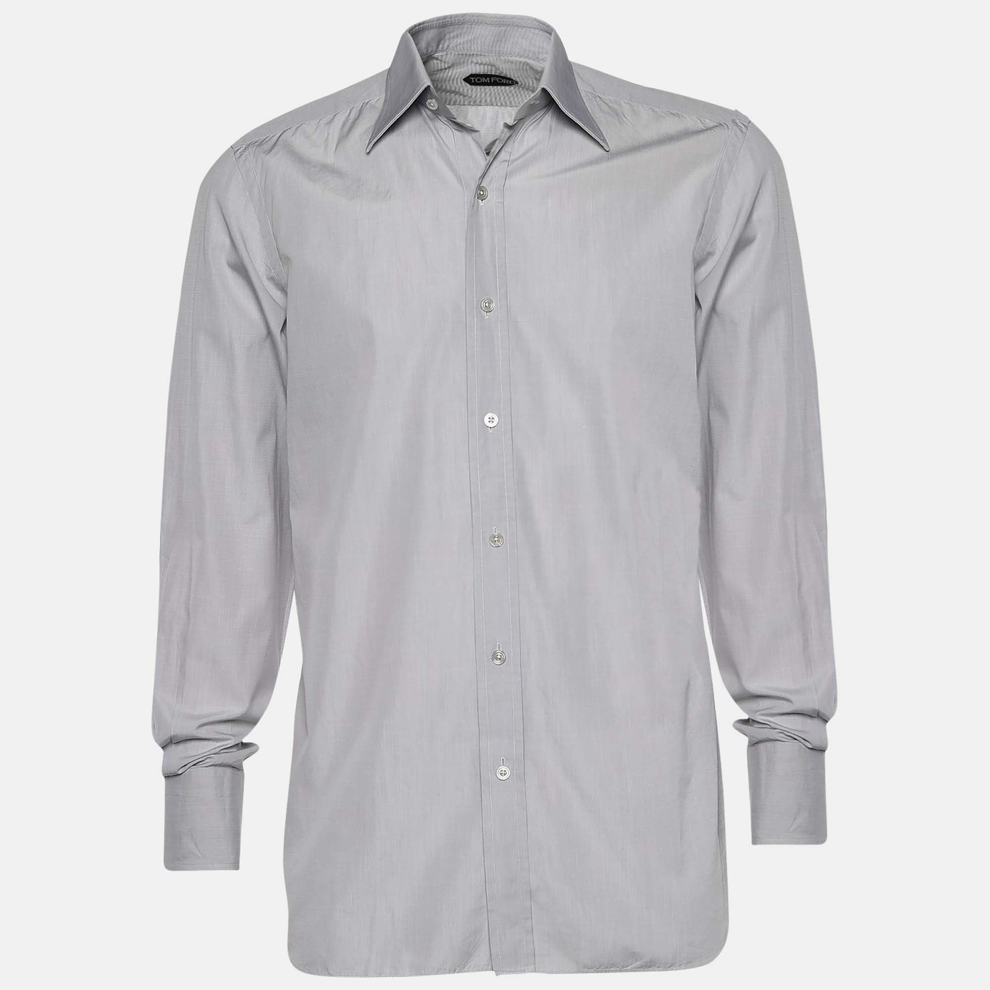 Pre Owned Tom Ford Light Grey Cotton Button Front Shirt L