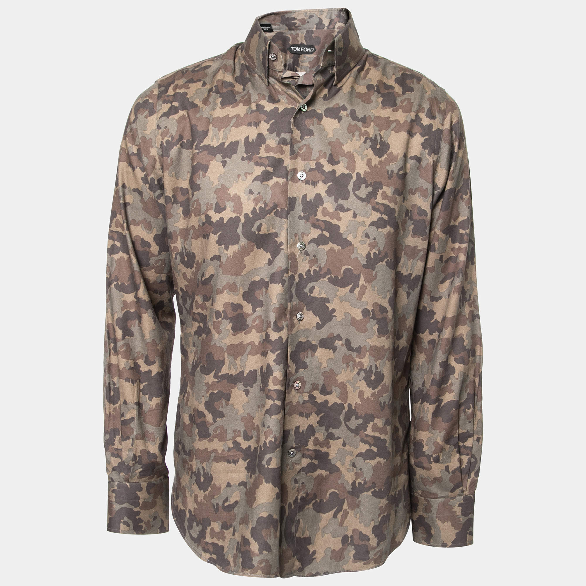 Tom Ford Green Camouflage Print Cotton Button Front Shirt L
