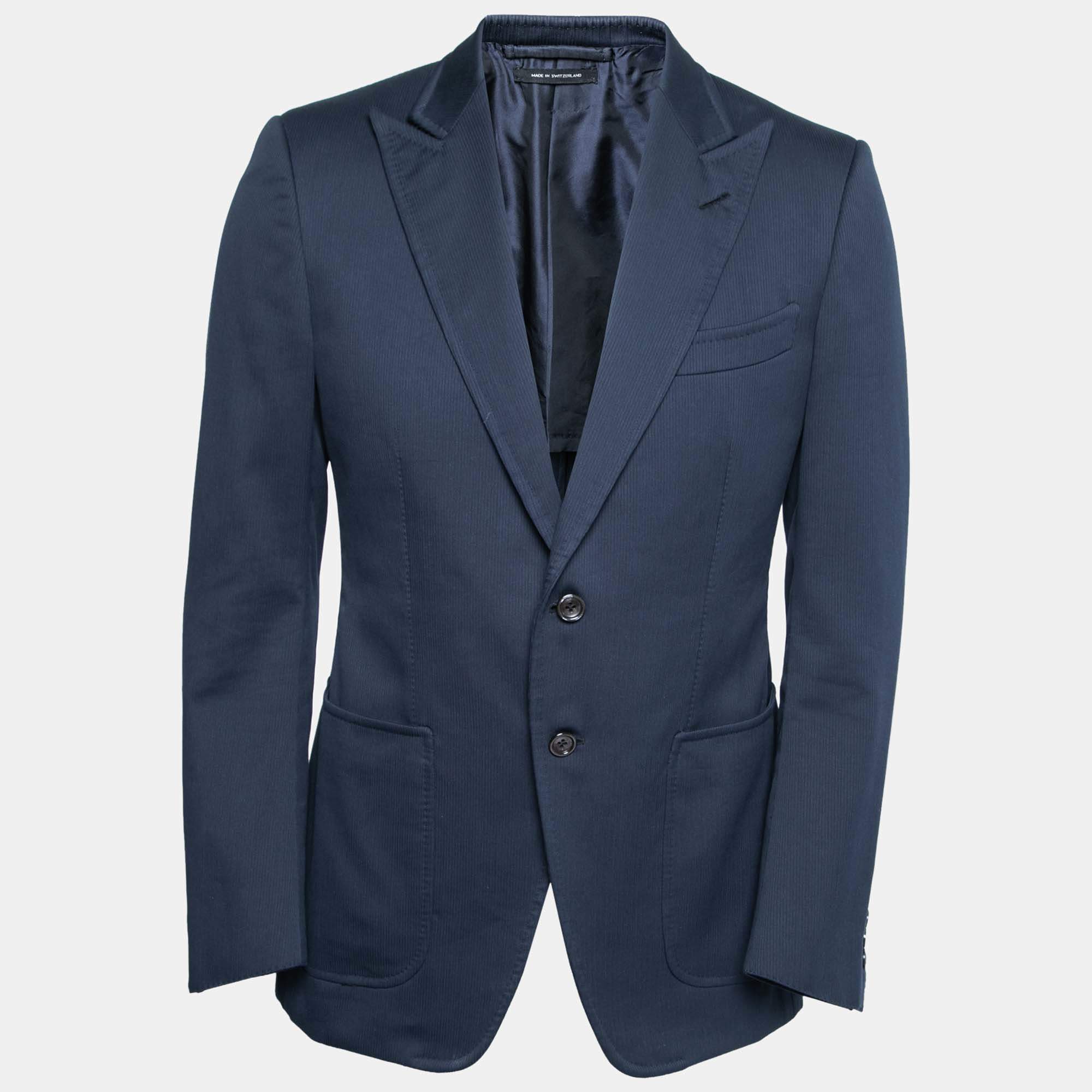 Pre Owned Tom Ford Navy Blue Textured Cotton Single Breasted Blazer L