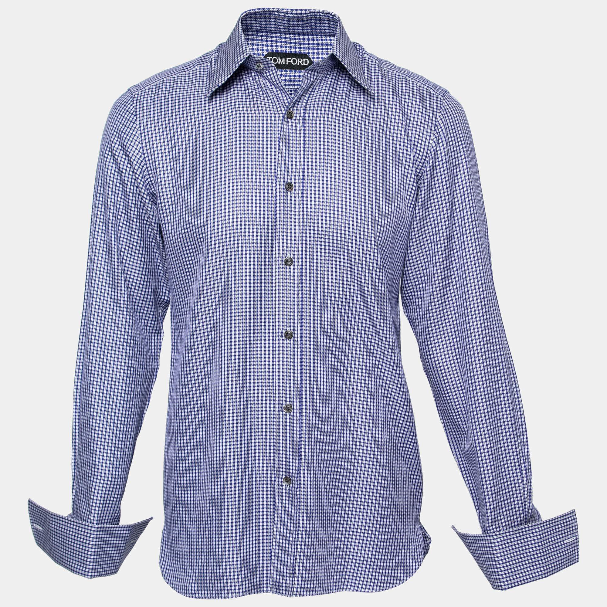 Tom Ford Blue Gingham Check Cotton Button Front  Long Sleeve Shirt M