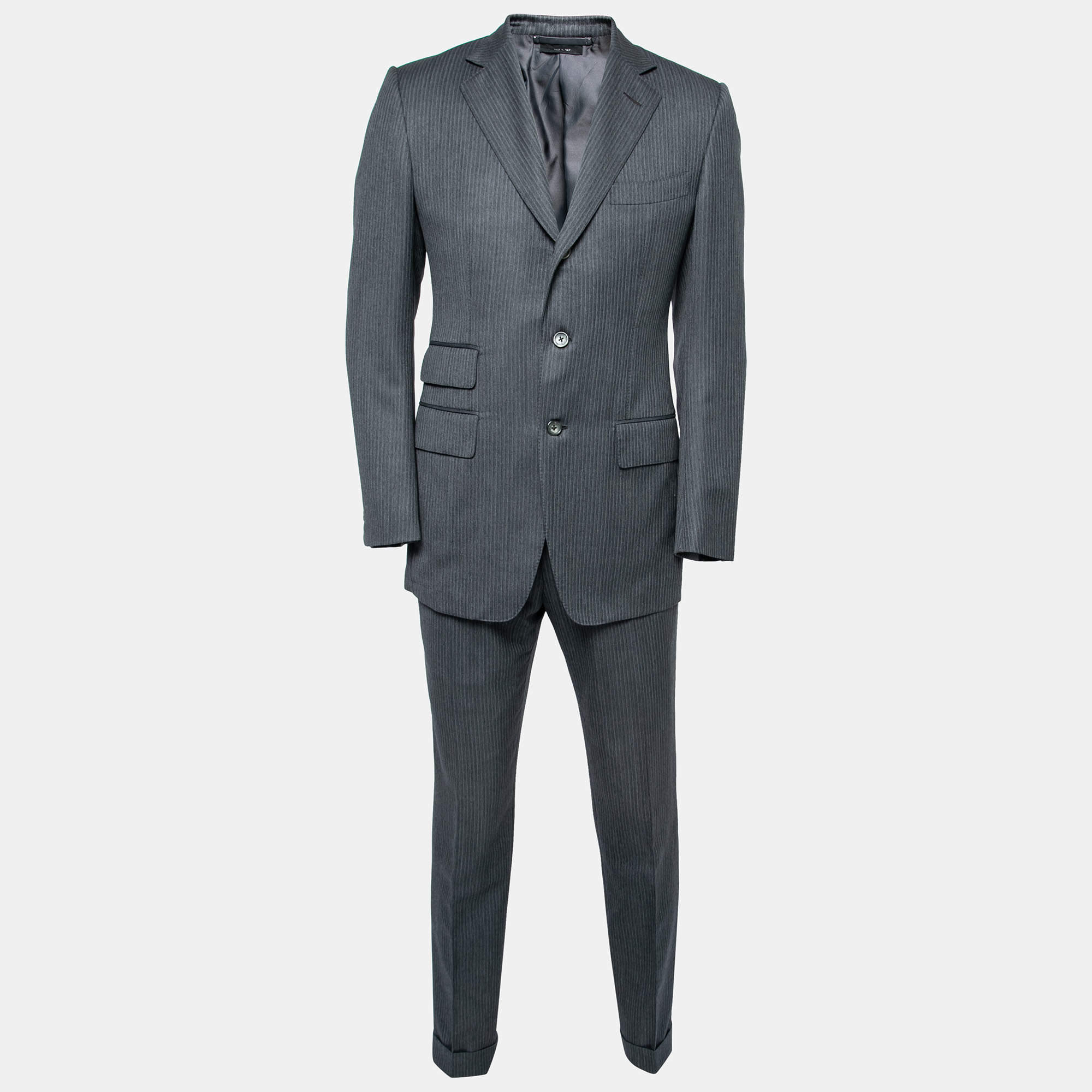 Pre Owned Tom Ford Grey Striped Wool Single Breasted Blazer & Pant Suit M