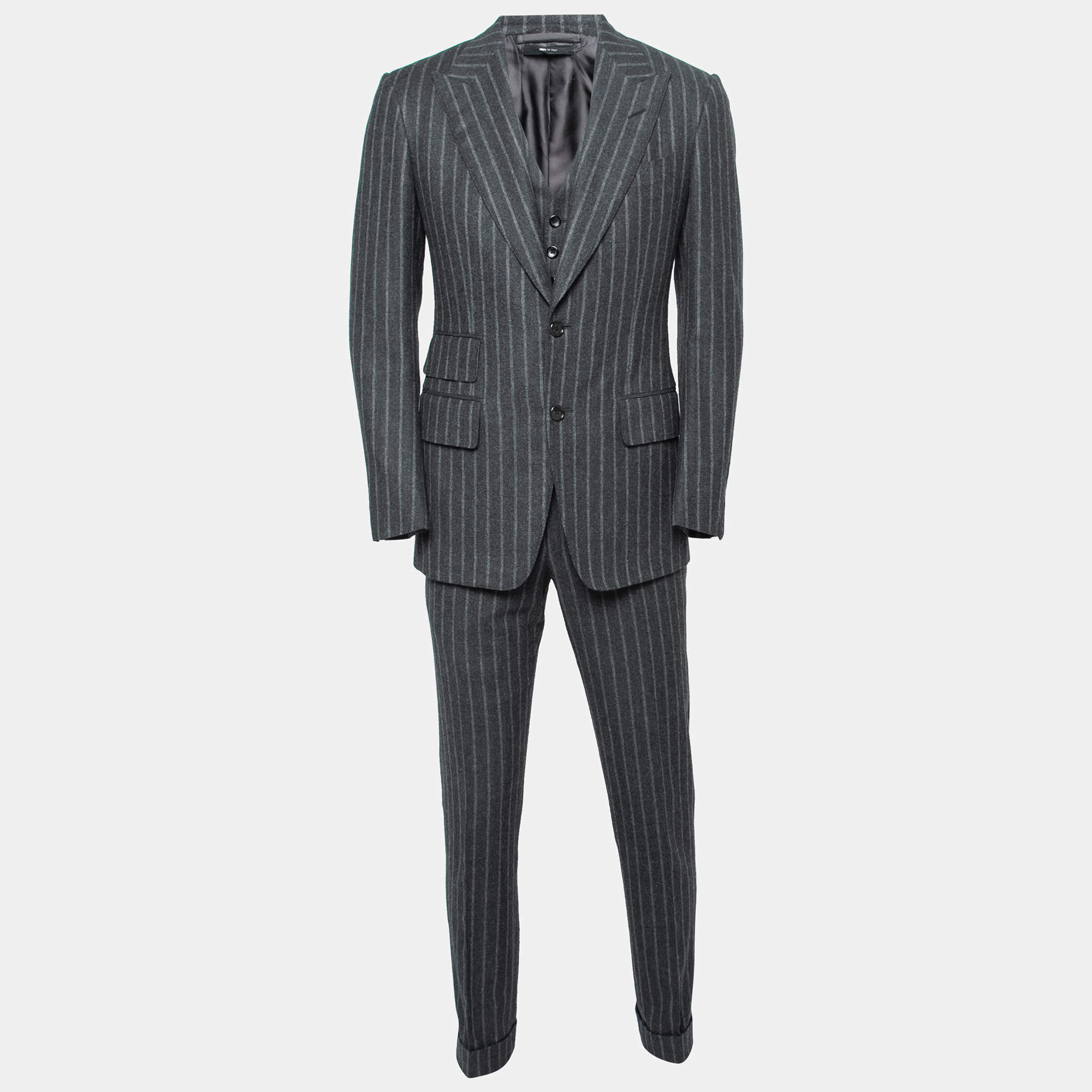 Pre Owned Tom Ford Charcoal Grey Striped Wool Single-Breasted Three-Piece Suit S