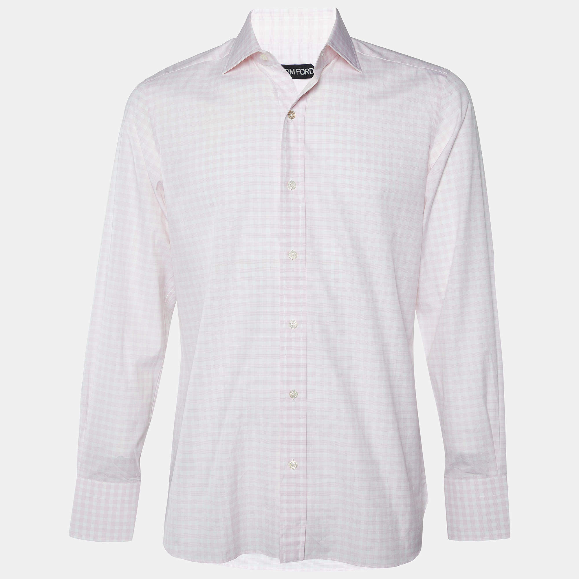 Tom Ford Pink & White Checkered Cotton Button Front Shrt L