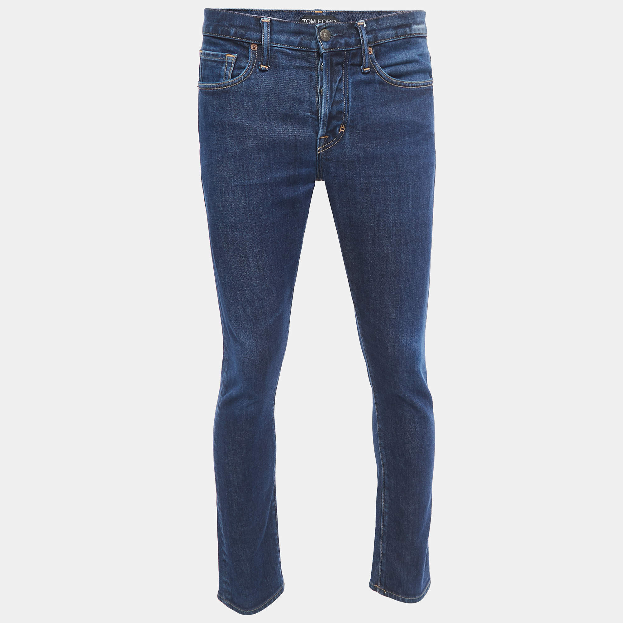 Pre Owned Tom Ford Blue Washed Denim Buttoned Straight Fit Jeans M Waist 34"