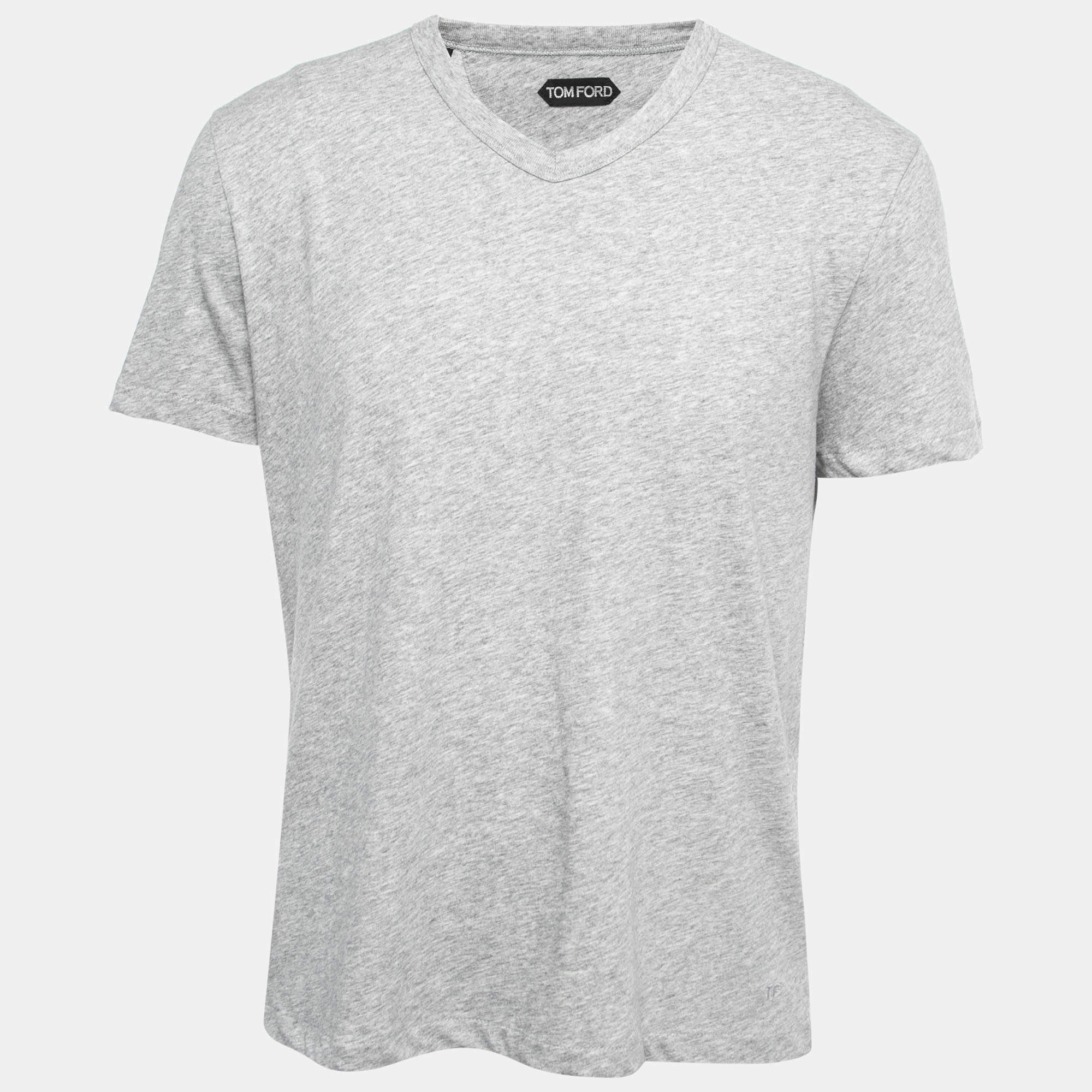 Tom Ford Grey Cotton V-Neck Half Sleeve T-Shirt XL
