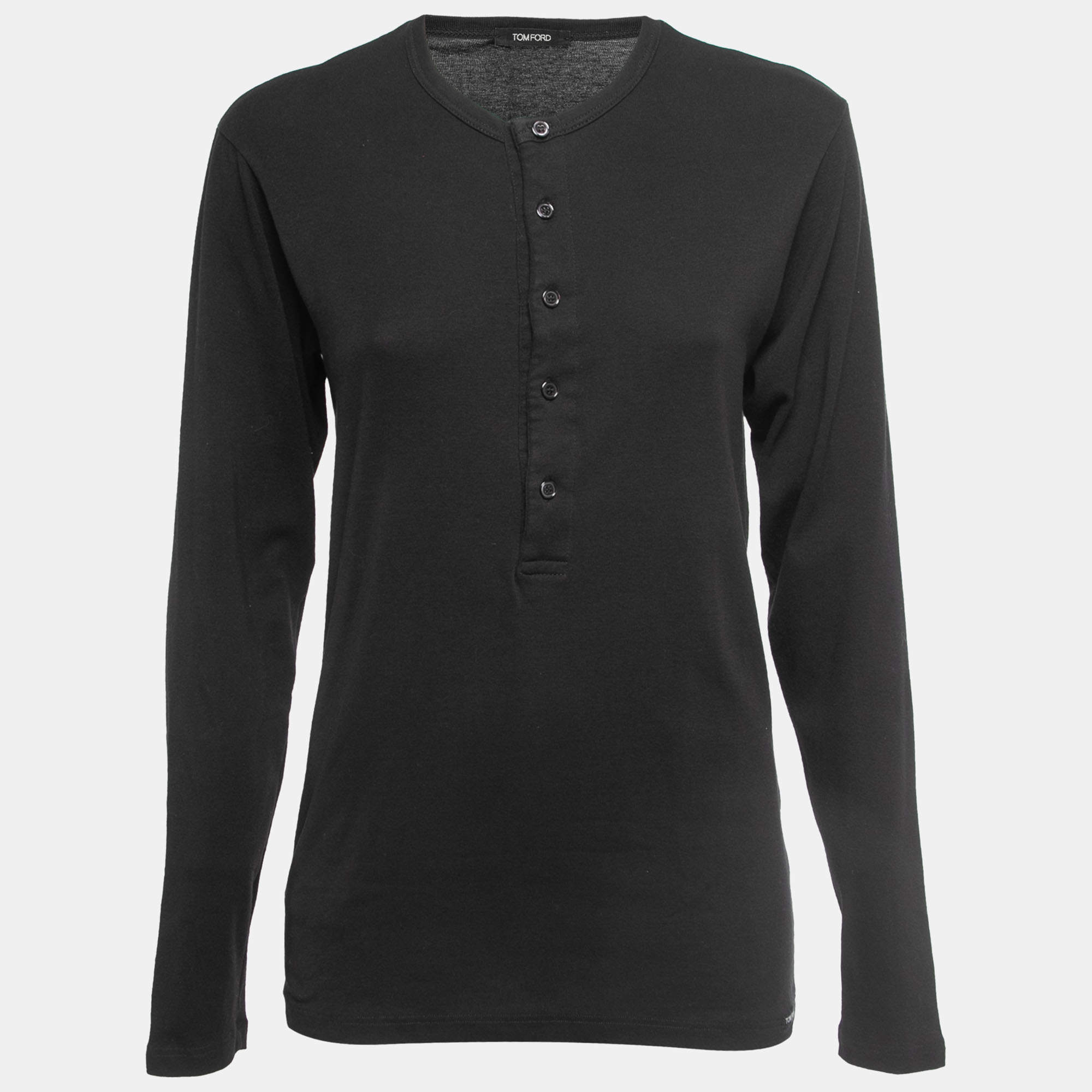 Pre Owned Tom Ford Black Cotton Buttoned Crew Neck Full Sleeve T-Shirt M