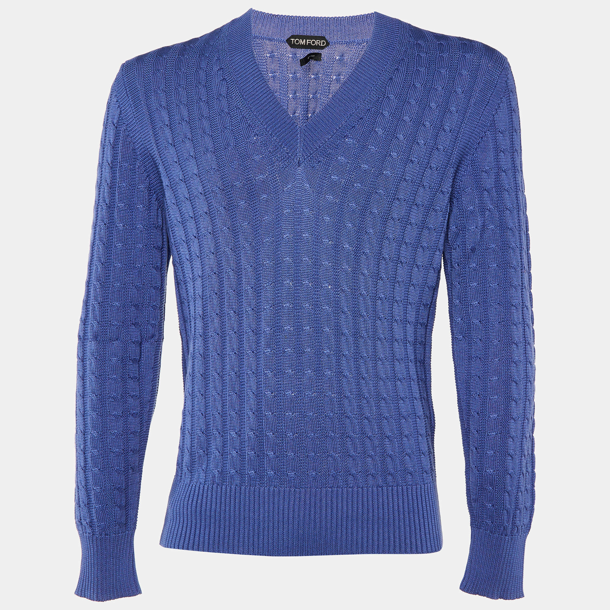 Pre Owned Tom Ford Blue Cotton Cable Knit V-Neck Sweater L