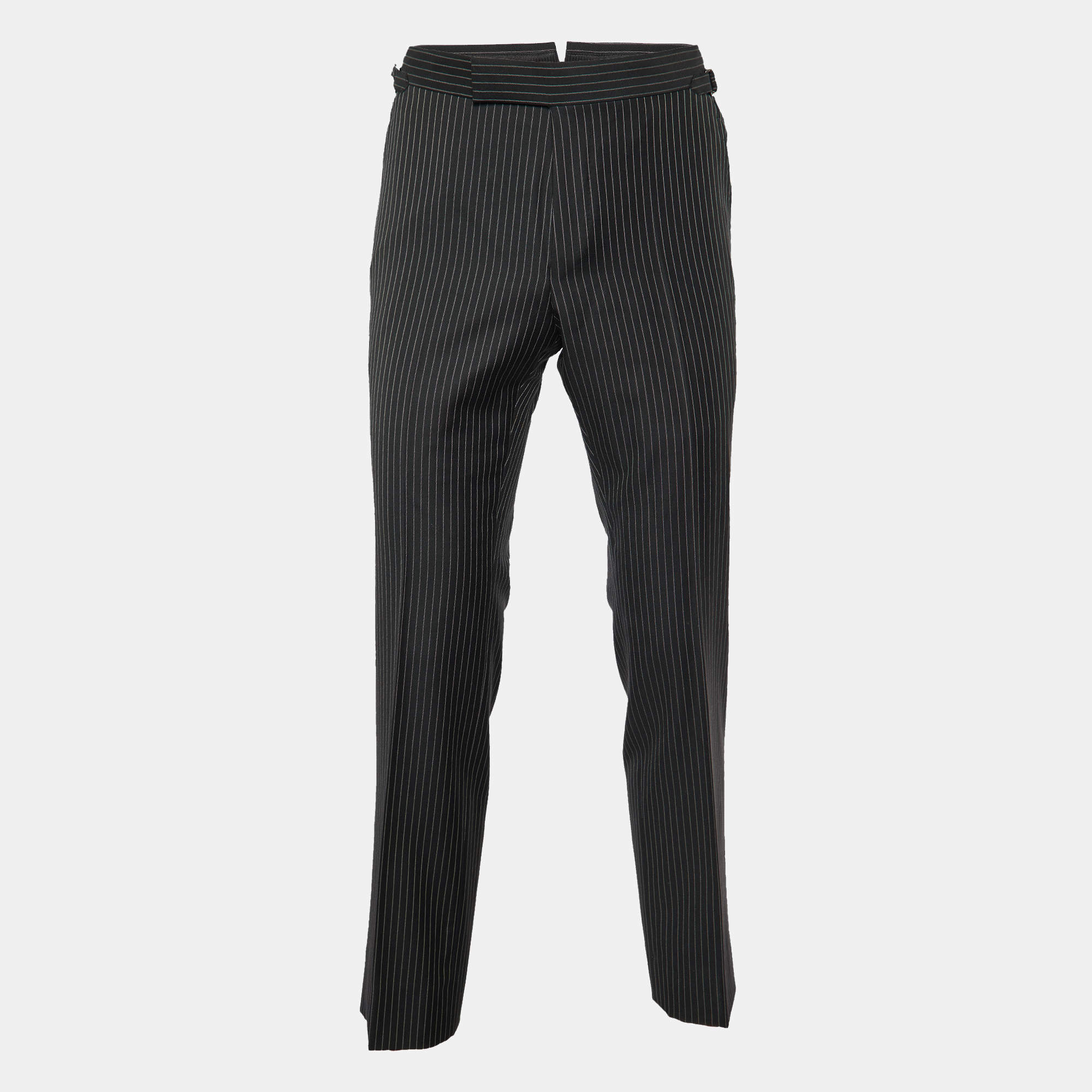 Tom Ford Black Pinstriped Wool Regular Fit Trousers S