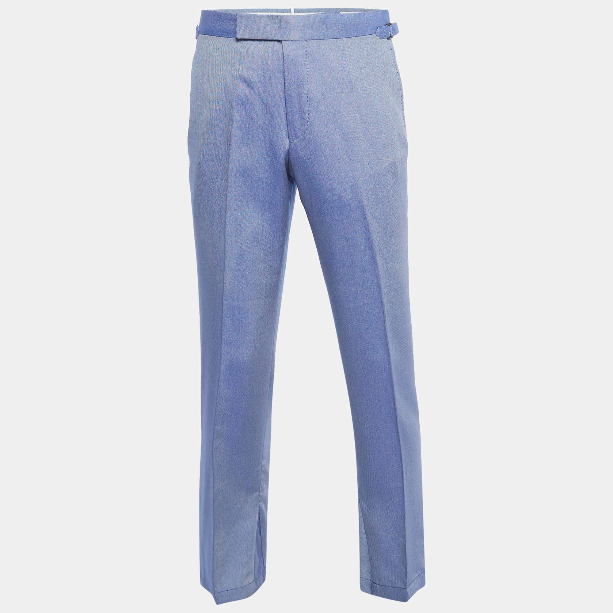 Tom Ford Blue Chambray Silk Blend Straight Fit Trousers M