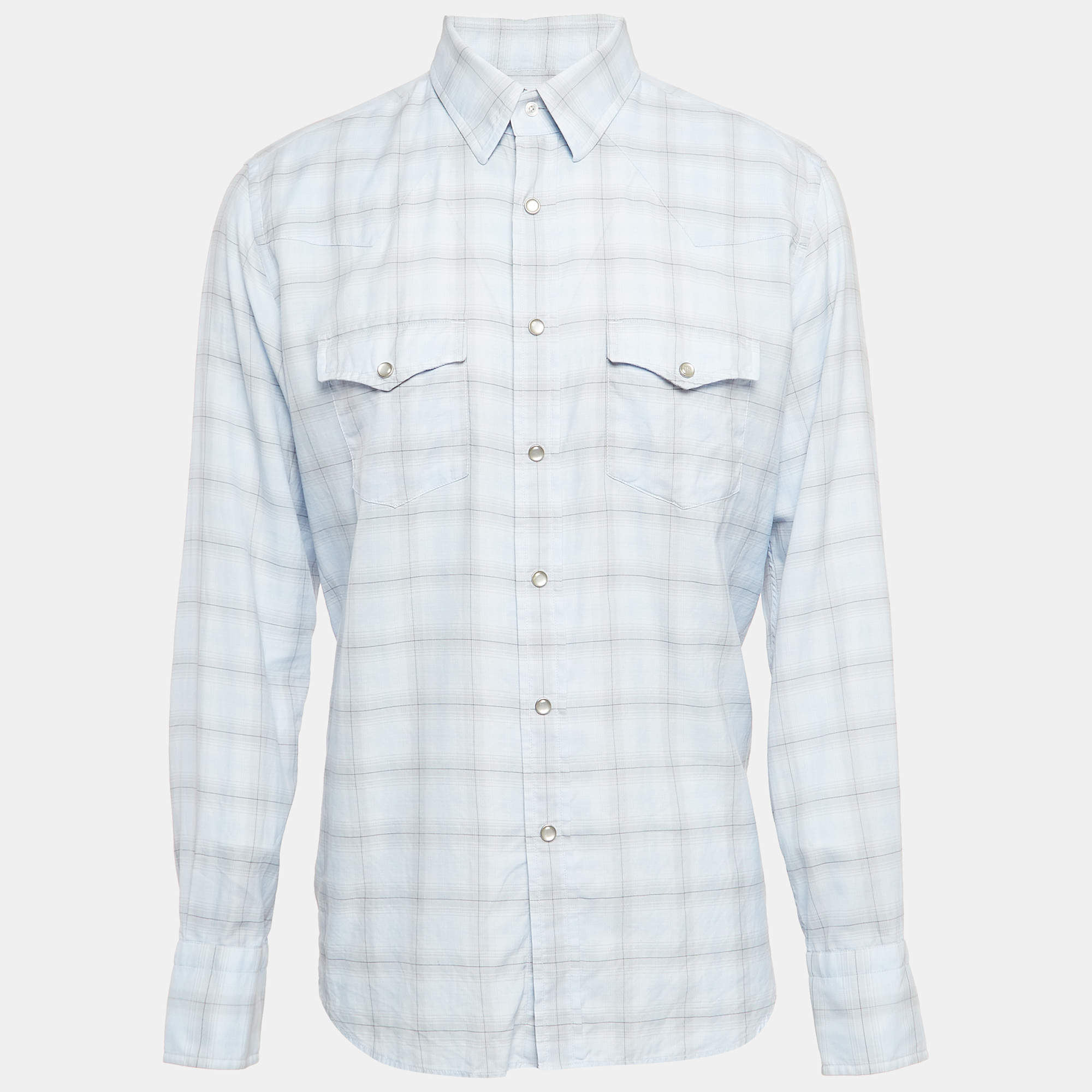 Pre Owned Tom Ford Blue Checked Cotton Flap Pocket Detail Shirt XXXL