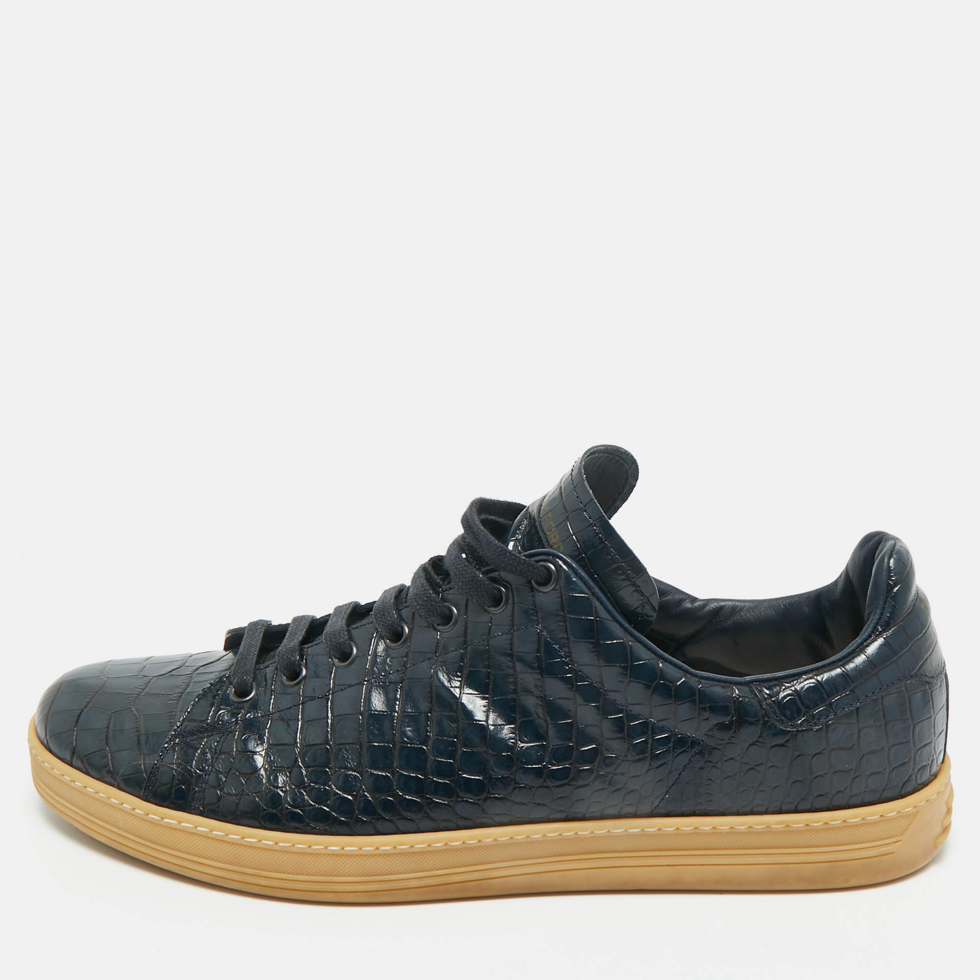 Pre Owned Tom Ford Navy Blue Croc Embossed Leather Lace Up Sneakers Size 46