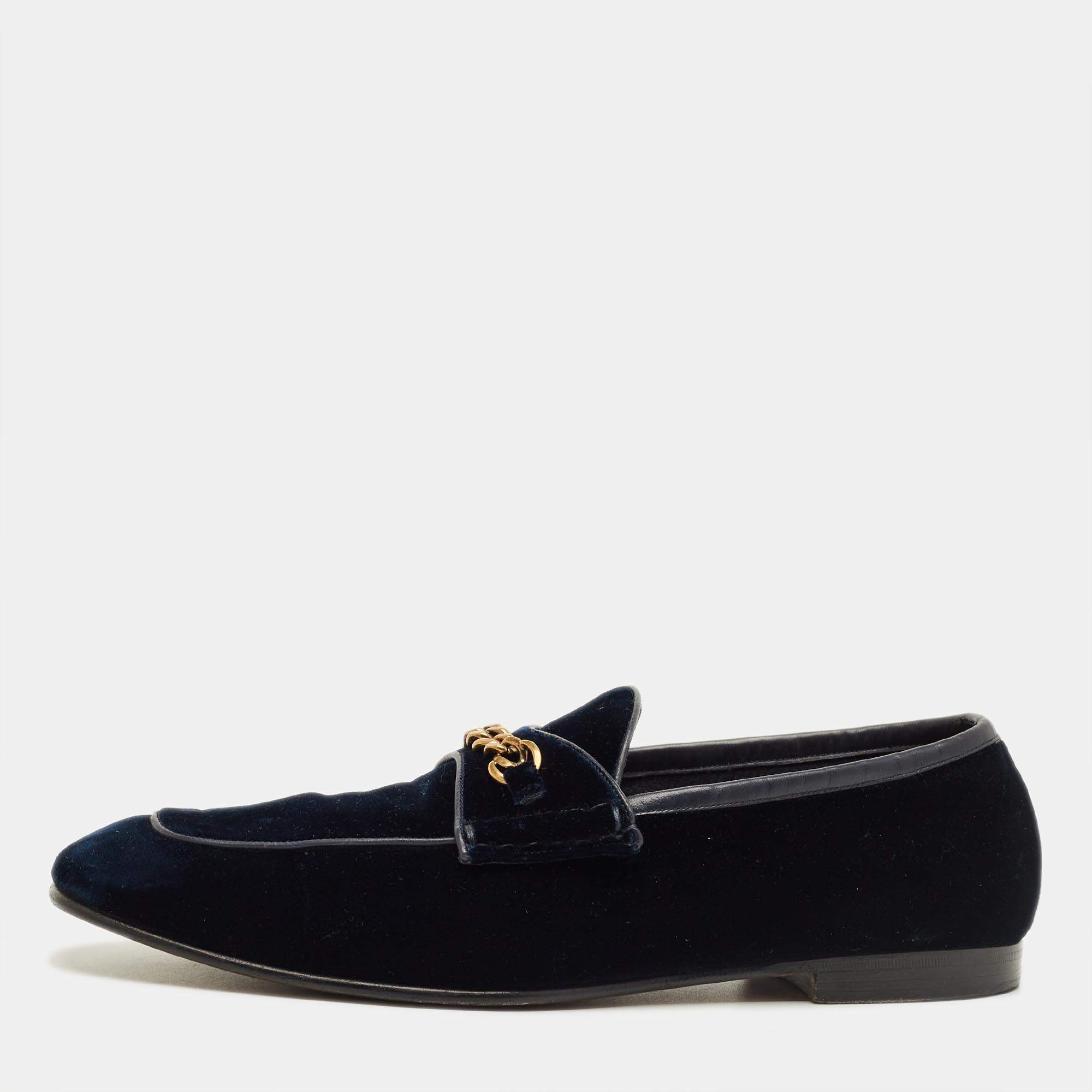 Pre Owned Tom Ford Navy Blue Velvet York Chain Loafers Size 42
