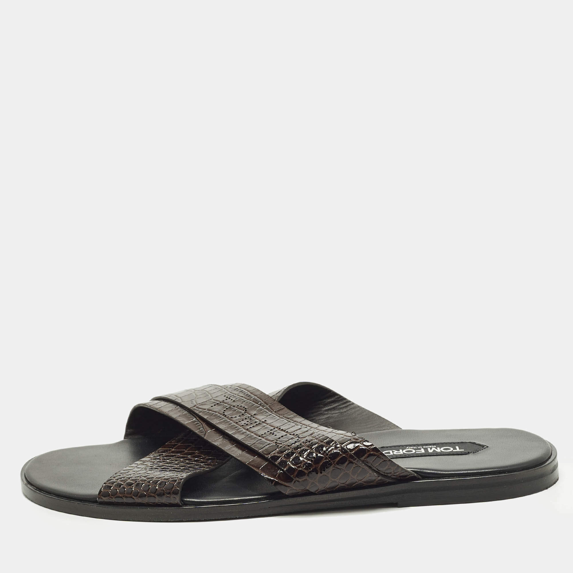 Pre Owned Tom Ford Informal Preston Size 44 Brown Croc Embossed Leather Flat Sandals