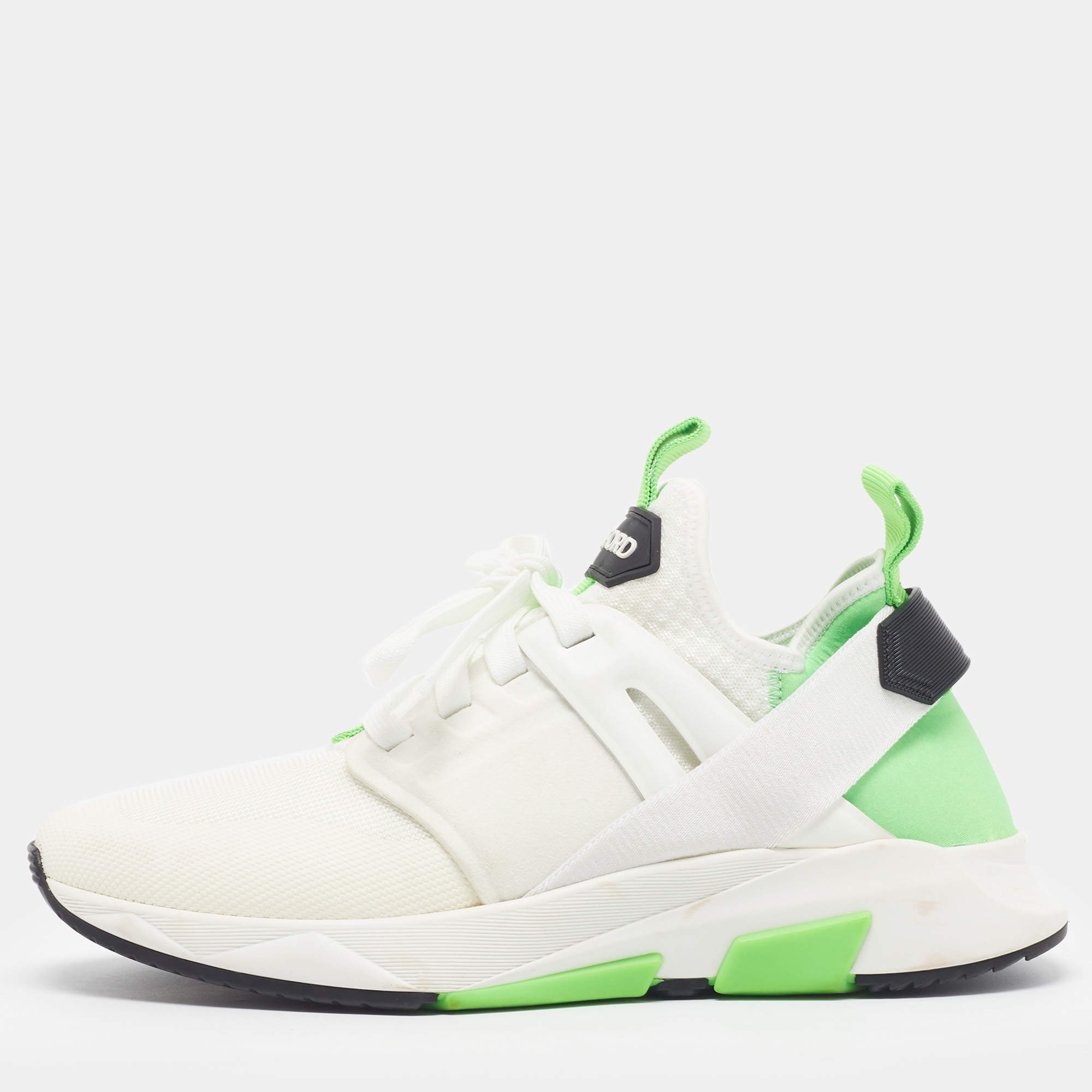 Pre Owned Tom Ford Jago Size 42.5 White/Neon Green Canvas and Neoprene Low Top Sneakers