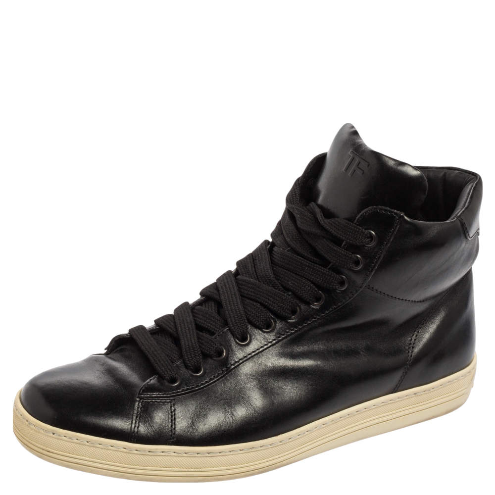Tom Ford Black Leather High Top Sneakers Size 44