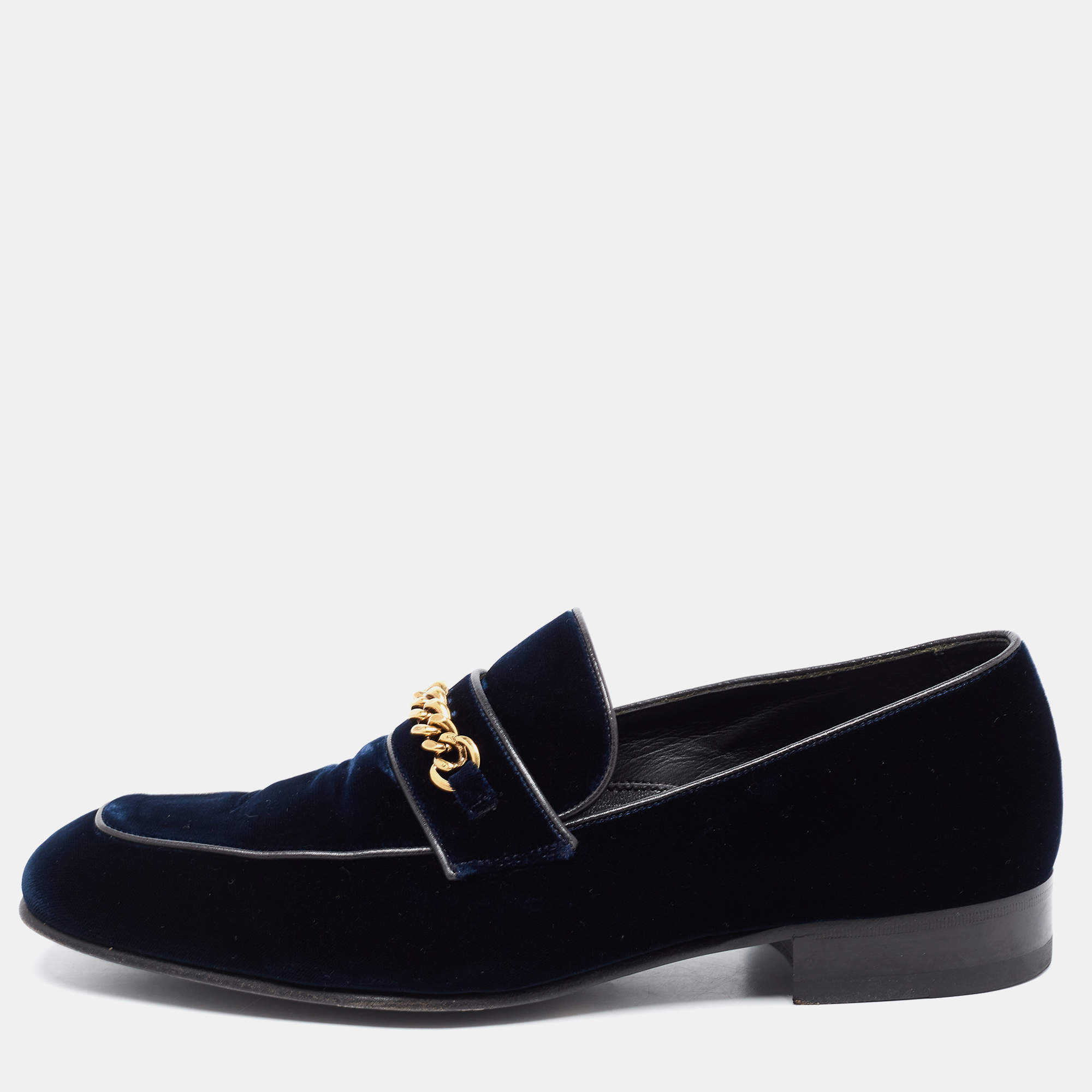 Pre Owned Tom Ford Navy Blue Velvet York Chain Loafers Size 42