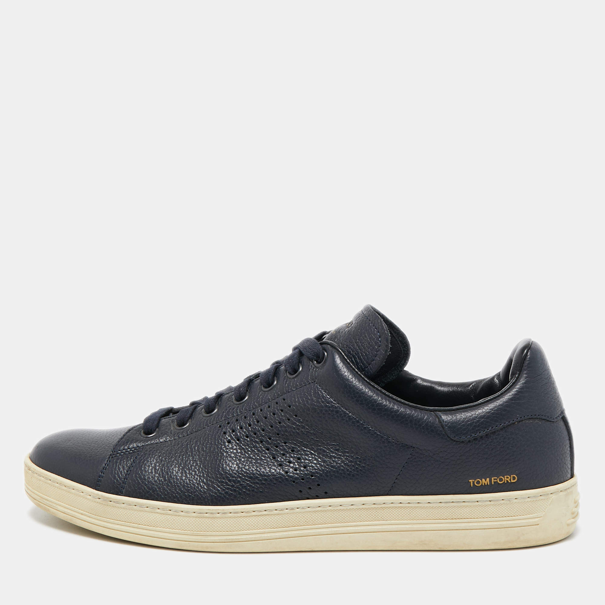 Tom Ford Navy Blue Leather Low Top Sneakers Size 43