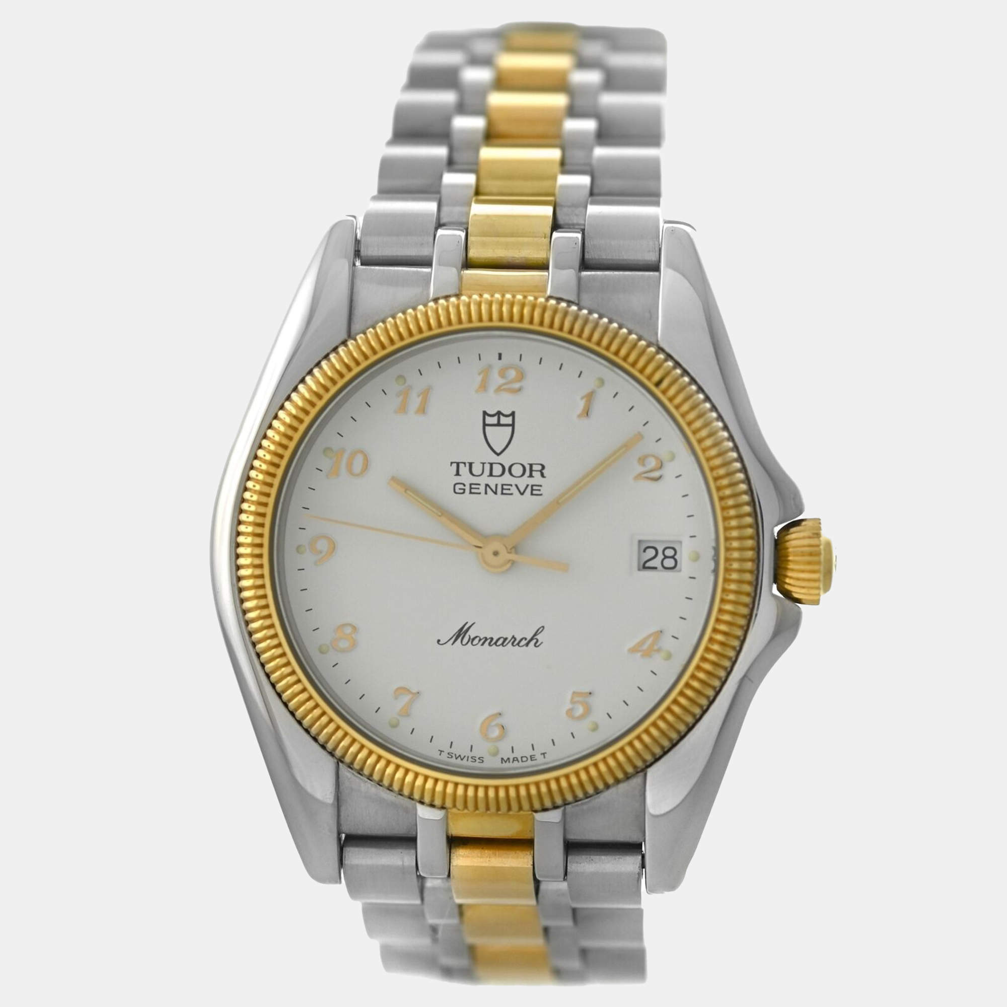 Tudor White Yellow Gold Stainless Steel Monarch 15733 Quartz Men's Wristwatch 34mm 