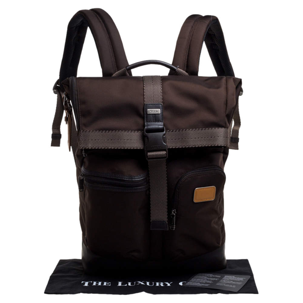 TUMI Two Tone Brown Nylon and Leather Cypress Roll Top Backpack