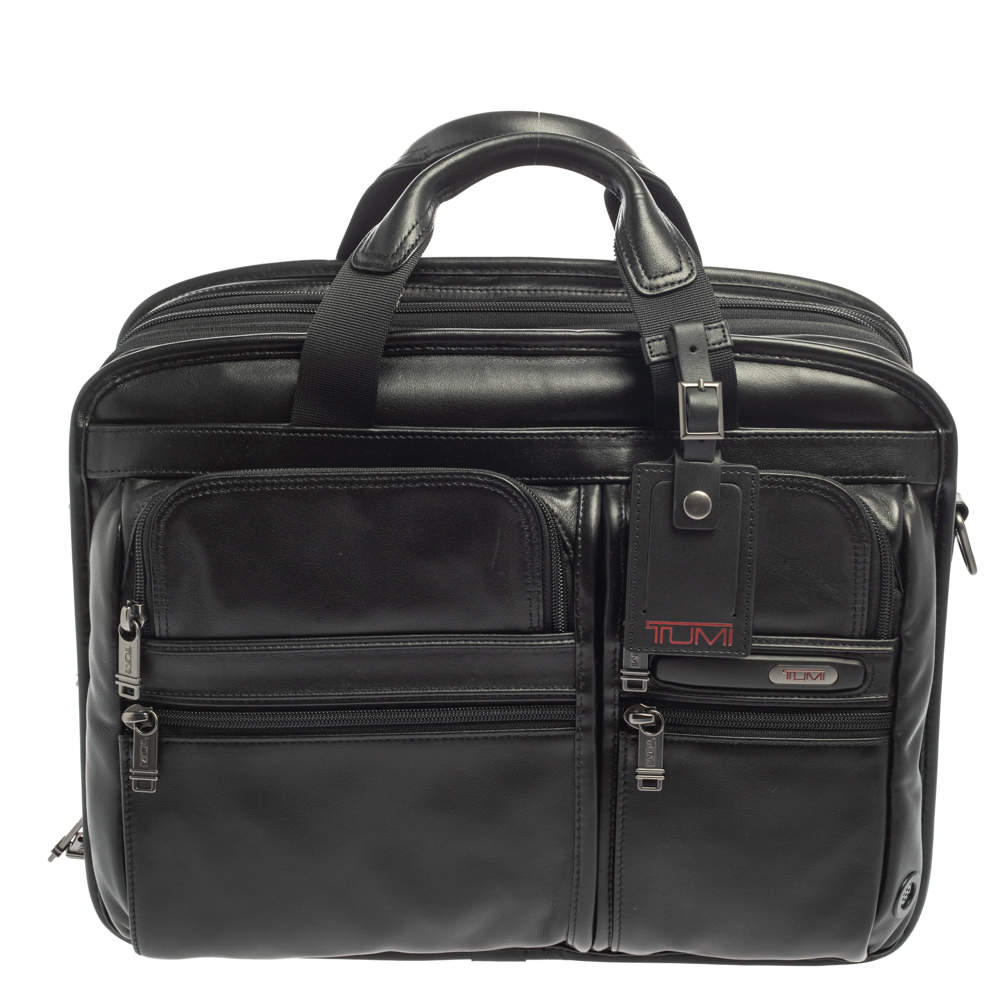 TUMI Black Leather Alpha Bravo T-Pass Expandable Laptop Briefcase