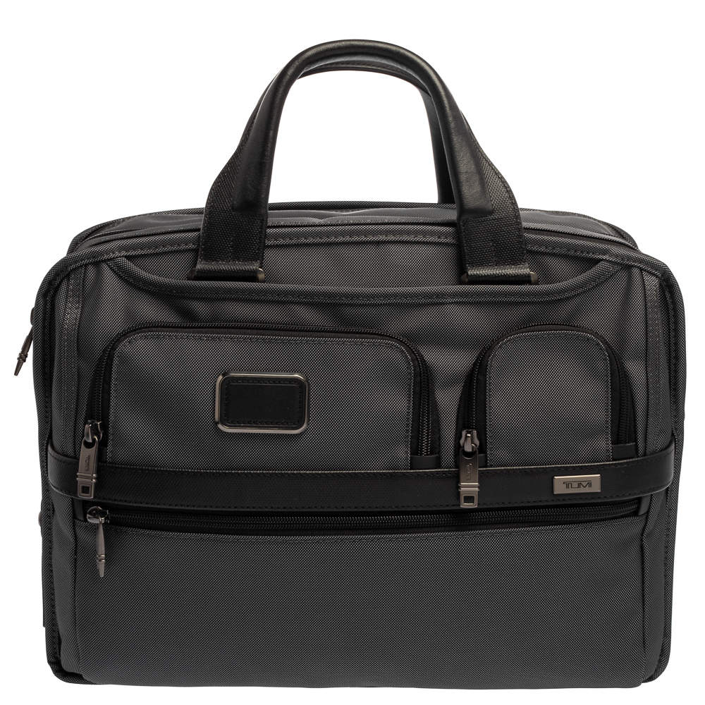Pre Owned TUMI Grey/Black Nylon and Leather Expandable Organizer Computer Briefcase