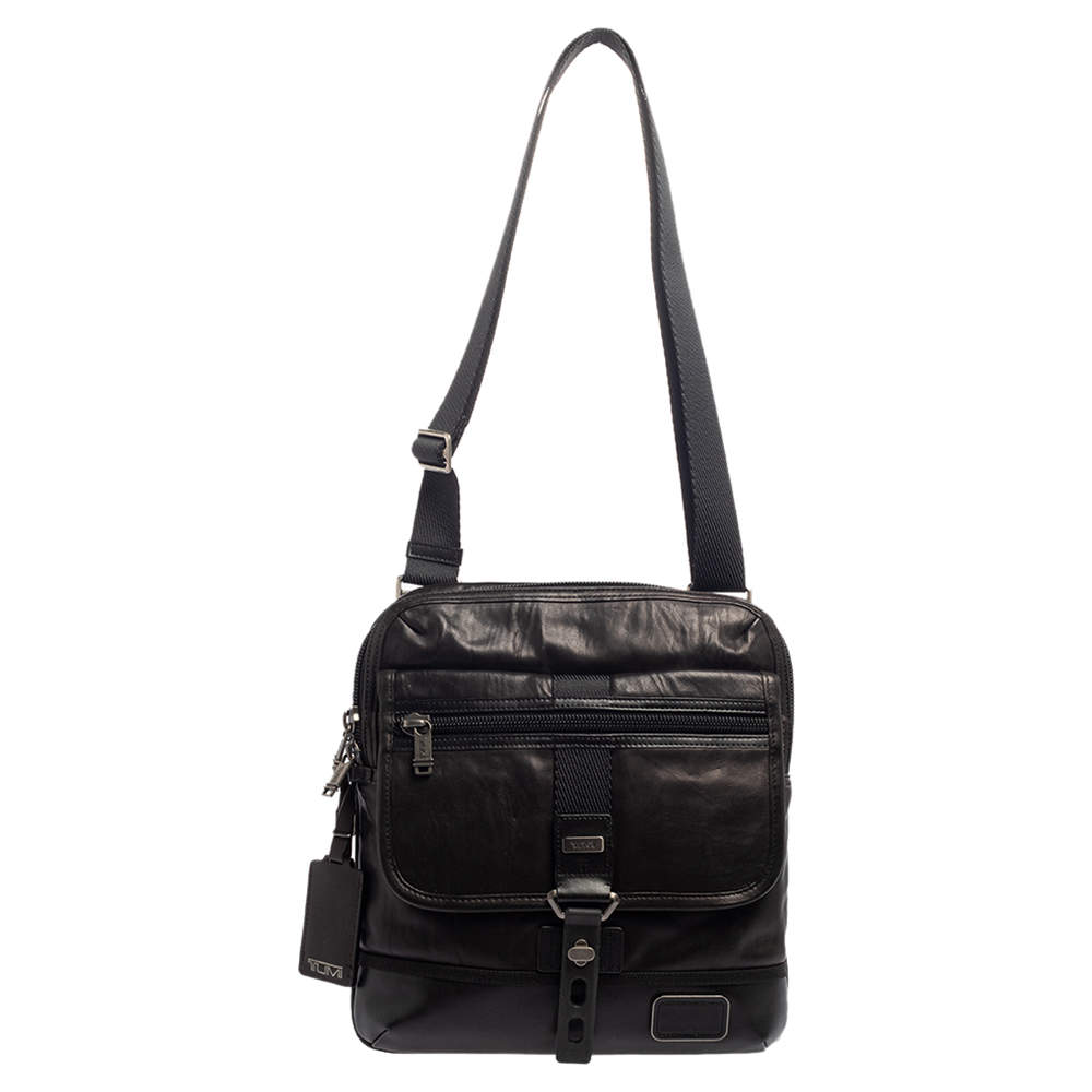 TUMI Black Leather Annapolis Zip Flap Messenger Bag
