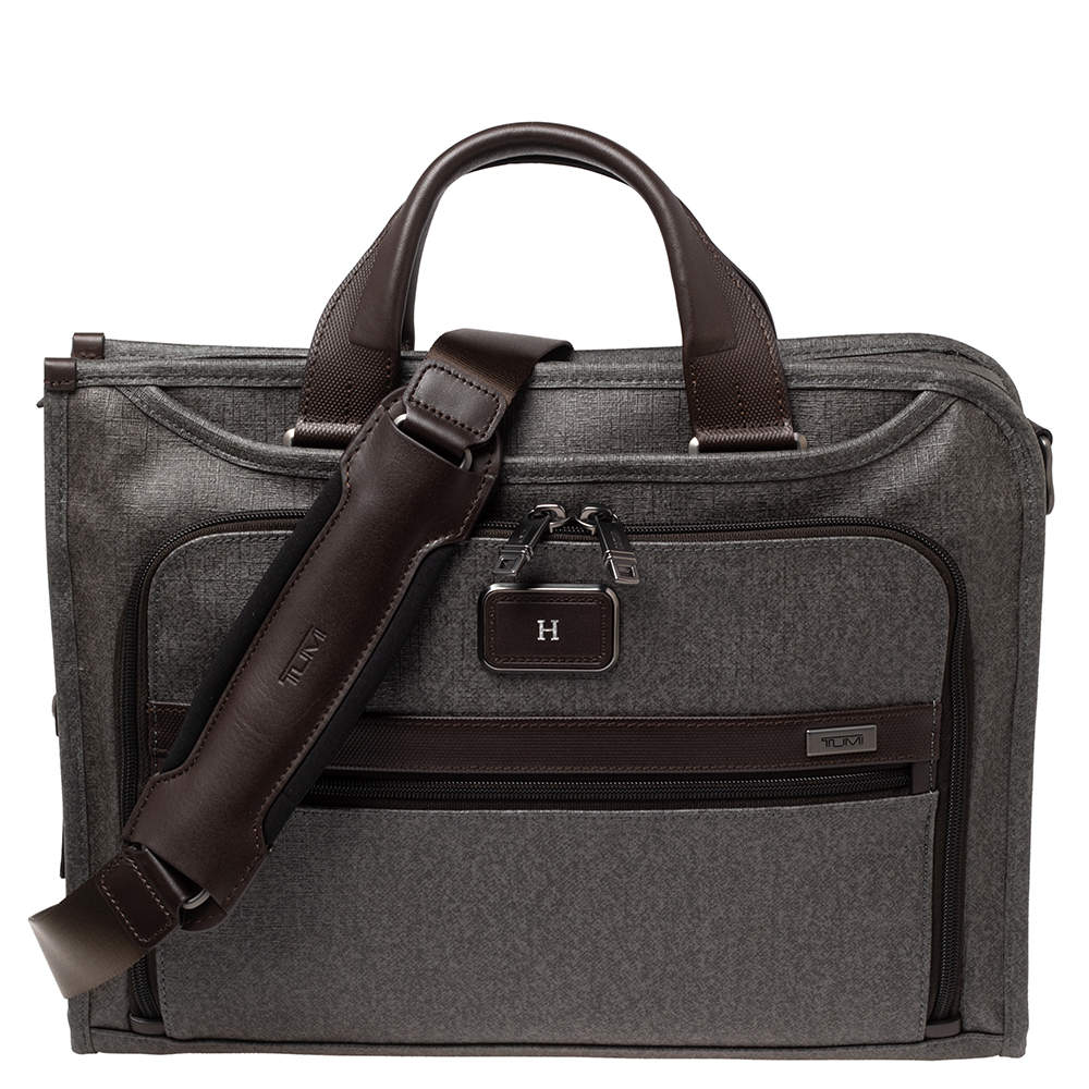 TUMI Grey Brown Leather and PVC Alpha 2 Slim Deluxe Portfolio Bag