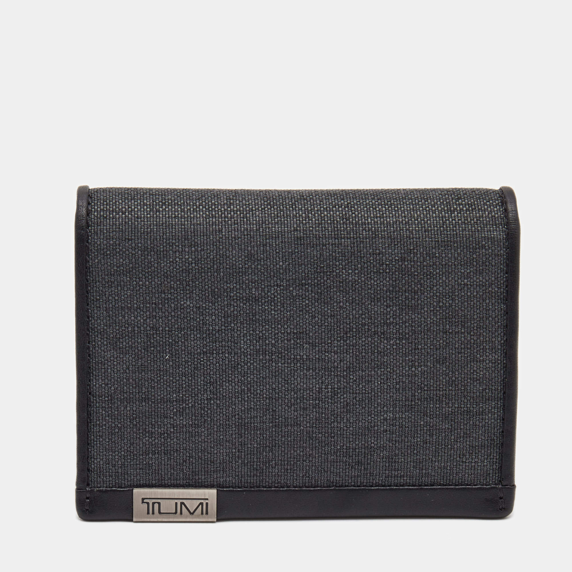 Pre Owned Tumi Grey/Black Fabric And Leather Bifold Card Case