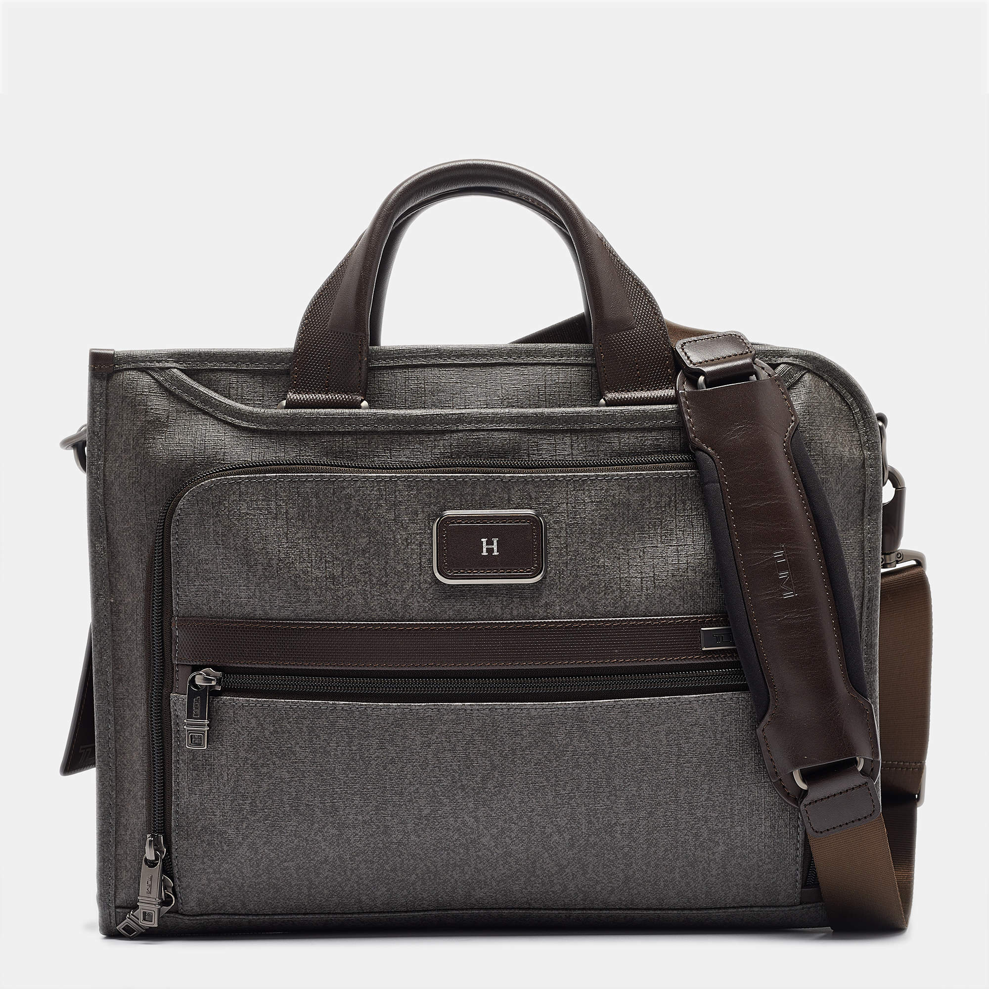 TUMI Grey/Brown Coated Canvas and Leather Alpha 2 Slim Deluxe Portfolio Bag