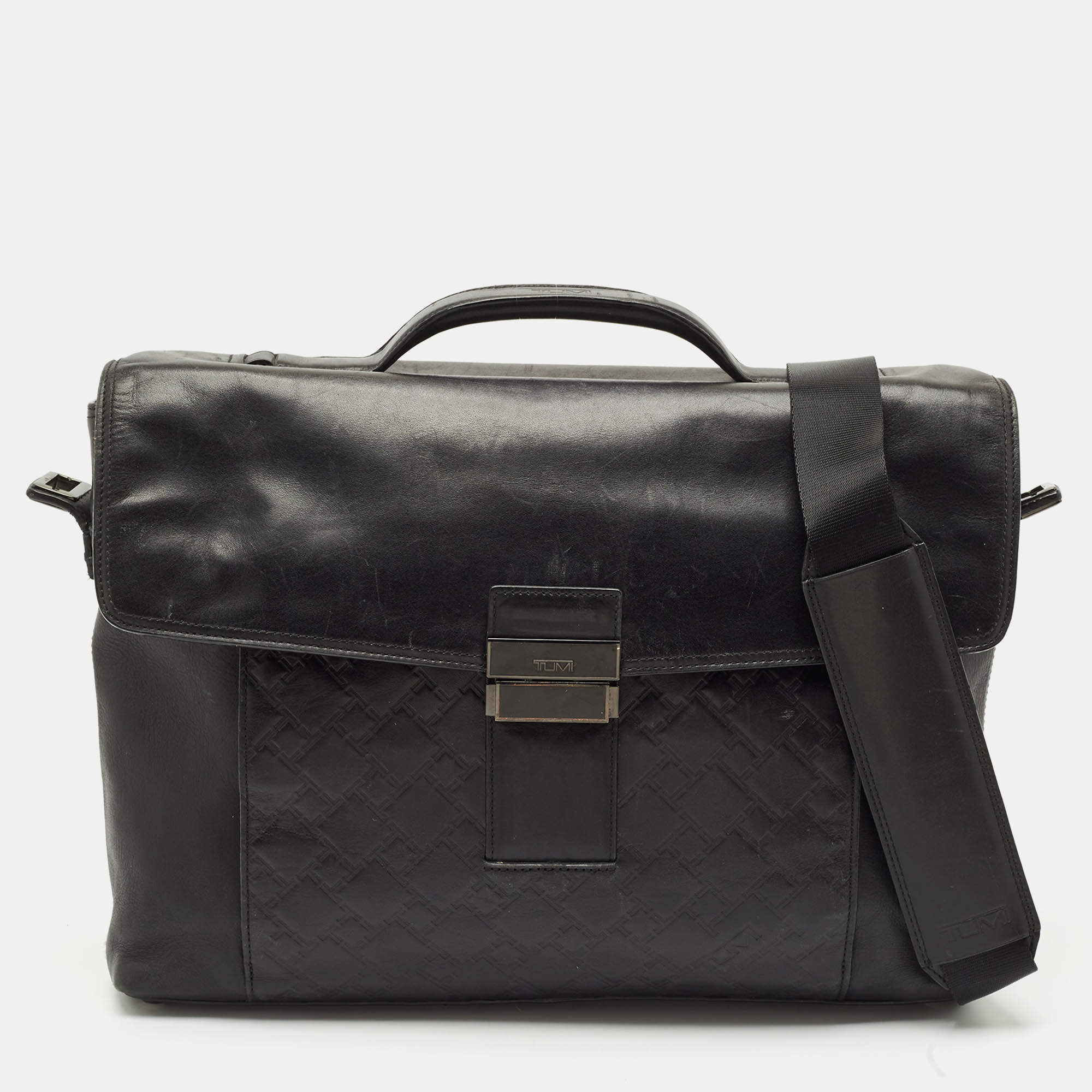 TUMI Black Logo Embossed Leather Ticon Slim Flap Briefcase