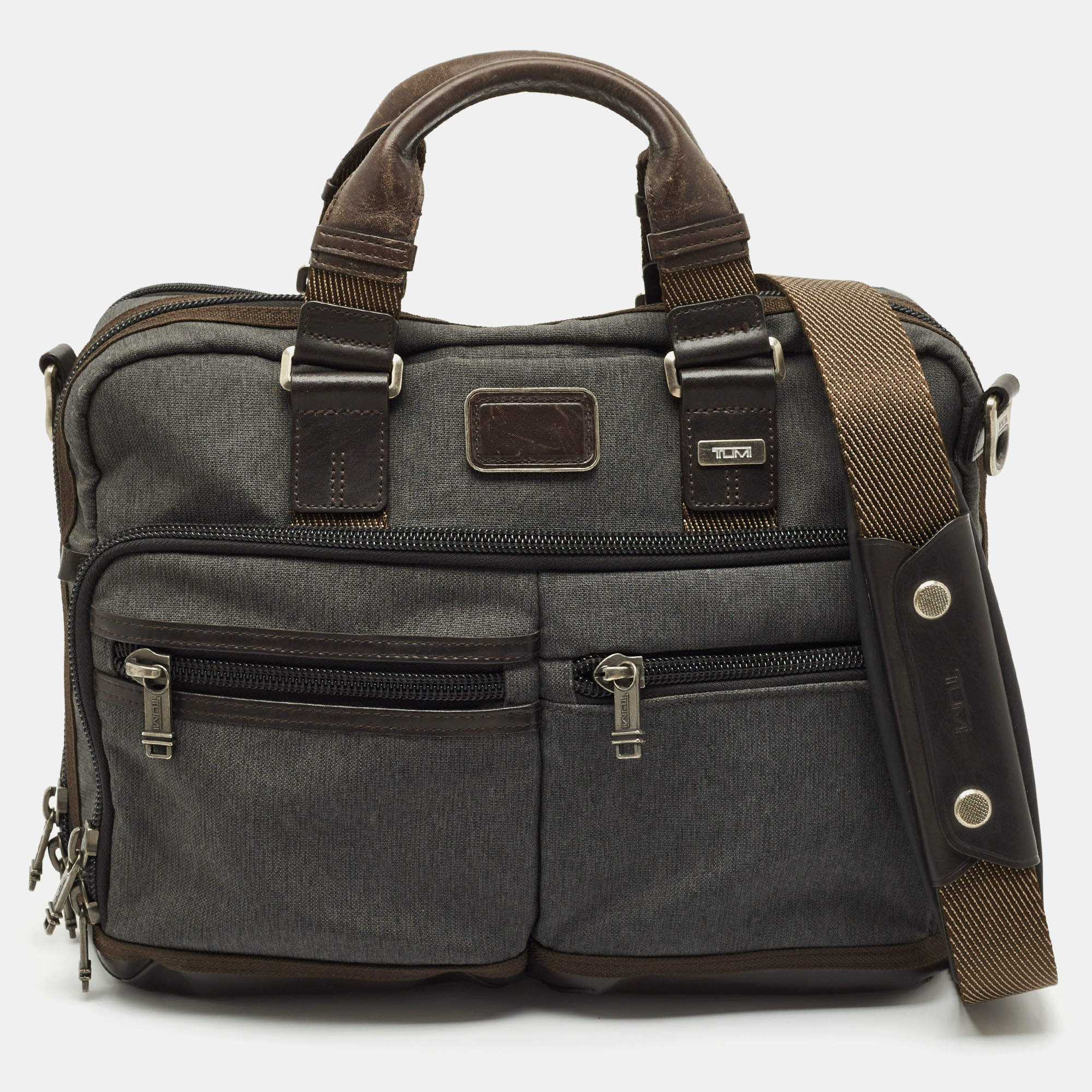Tumi Grey/Brown Canvas and Leather Andersen Slim Commuter Briefcase Bag