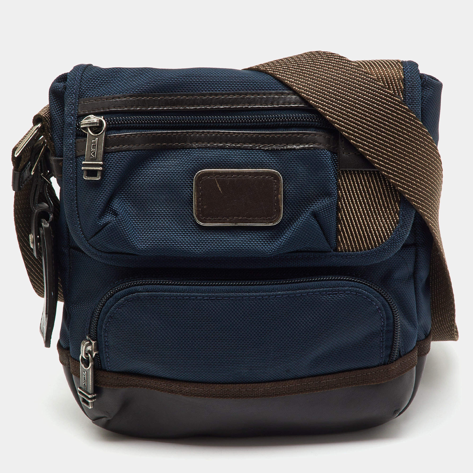 Pre Owned TUMI Navy Blue/Brown Canvas and Leather Alpha Bravo Barstow Messenger Bag