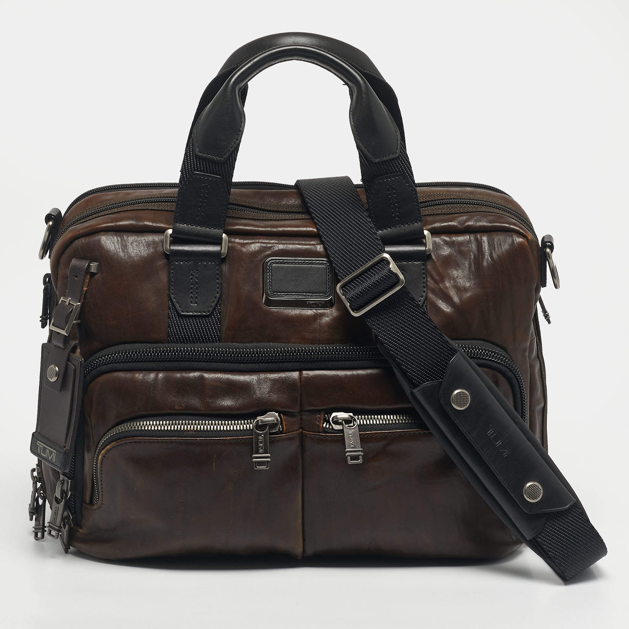 Pre Owned TUMI Black Leather Alpha Bravo Albany Expandable Commuter Briefcase Bag