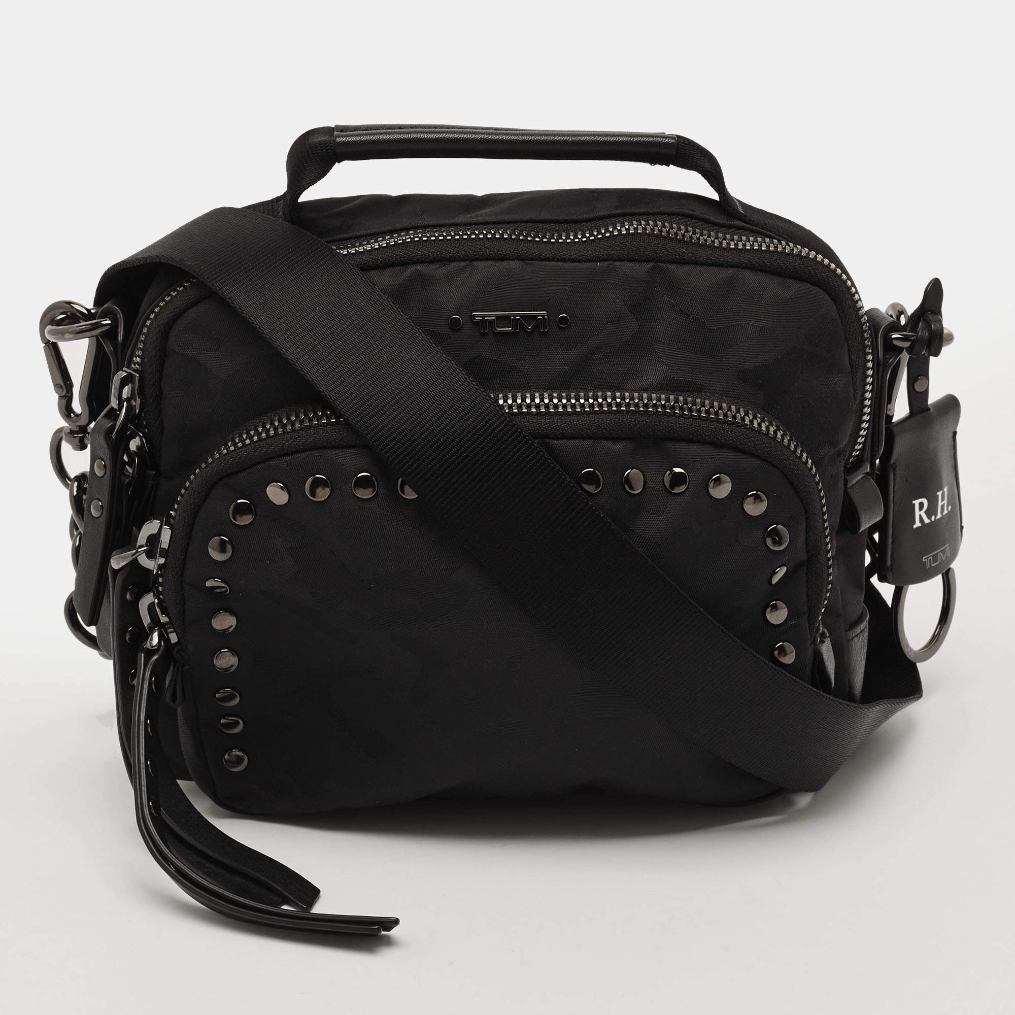Pre Owned TUMI Voyageur Black Camouflage Nylon and Leather Crossbody Bag
