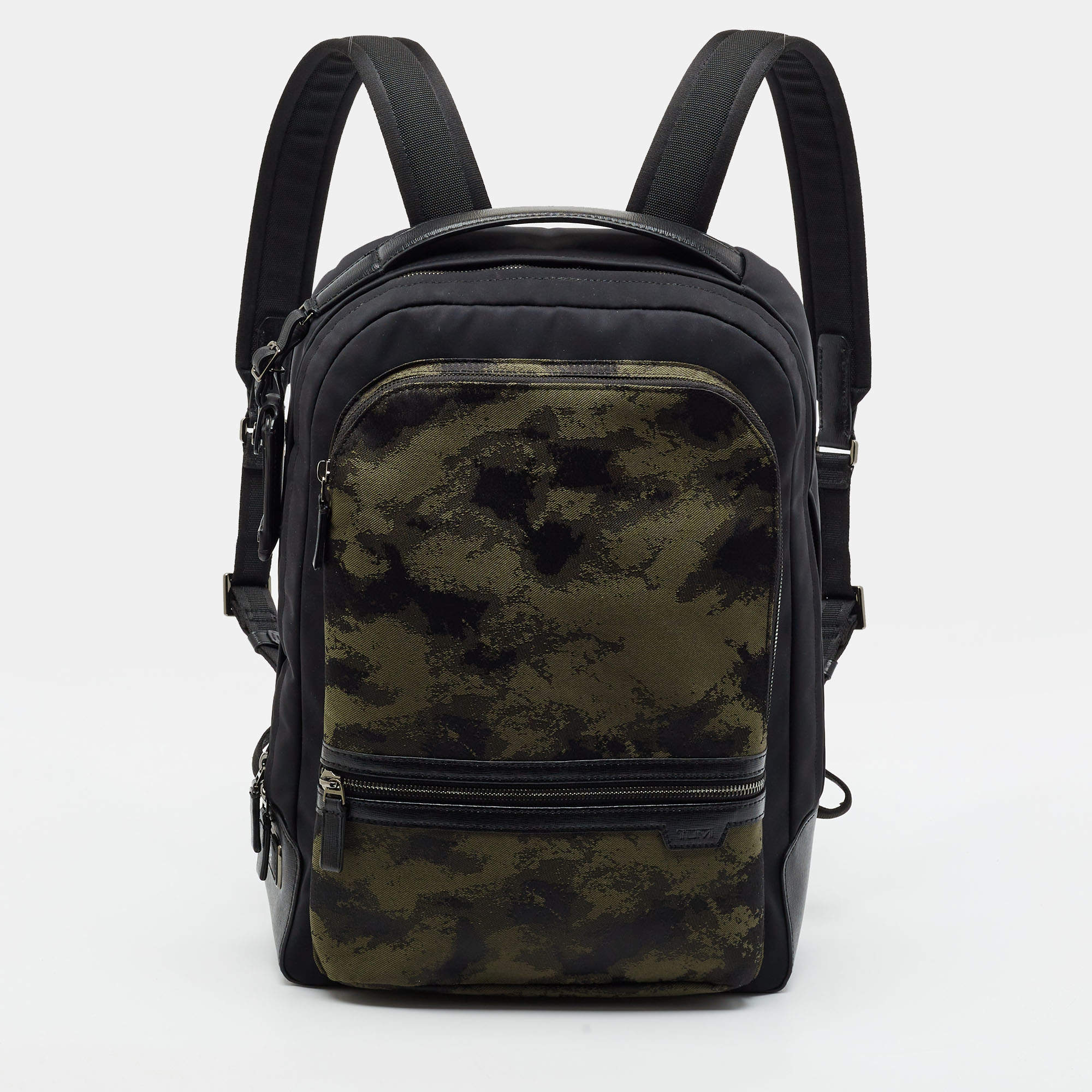 Pre Owned TUMI Harrison Bradner Black/Green Camouflage Nylon and Leather Backpack