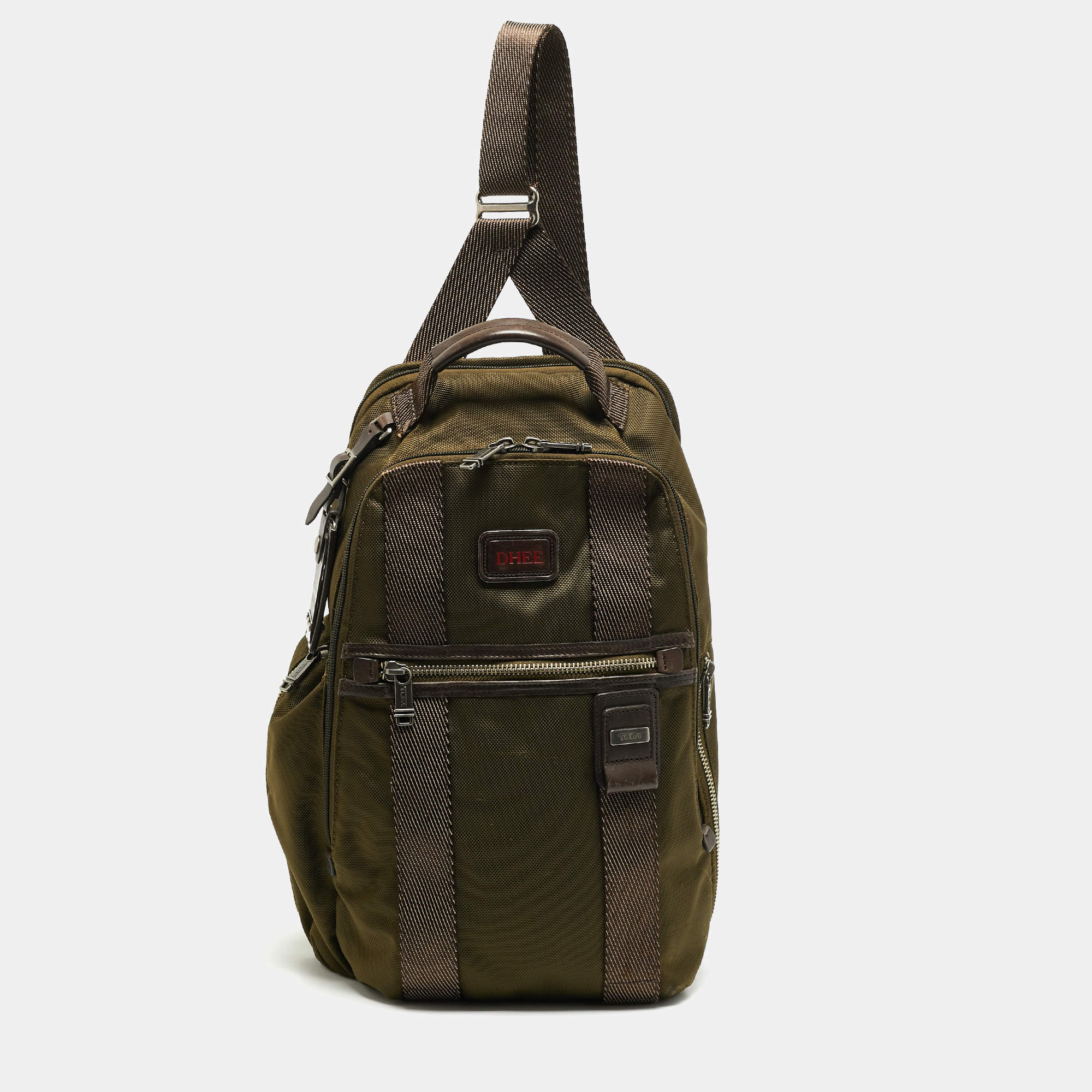 مملوكة مسبقًا TUMI Greely Green/Brown Leather and Nylon Sling Backpack