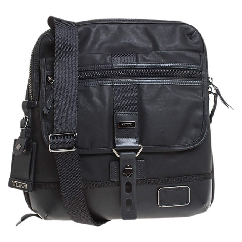 Tumi Black Coated Canvas and Leather Annapolis Zip Flap Messenger Bag