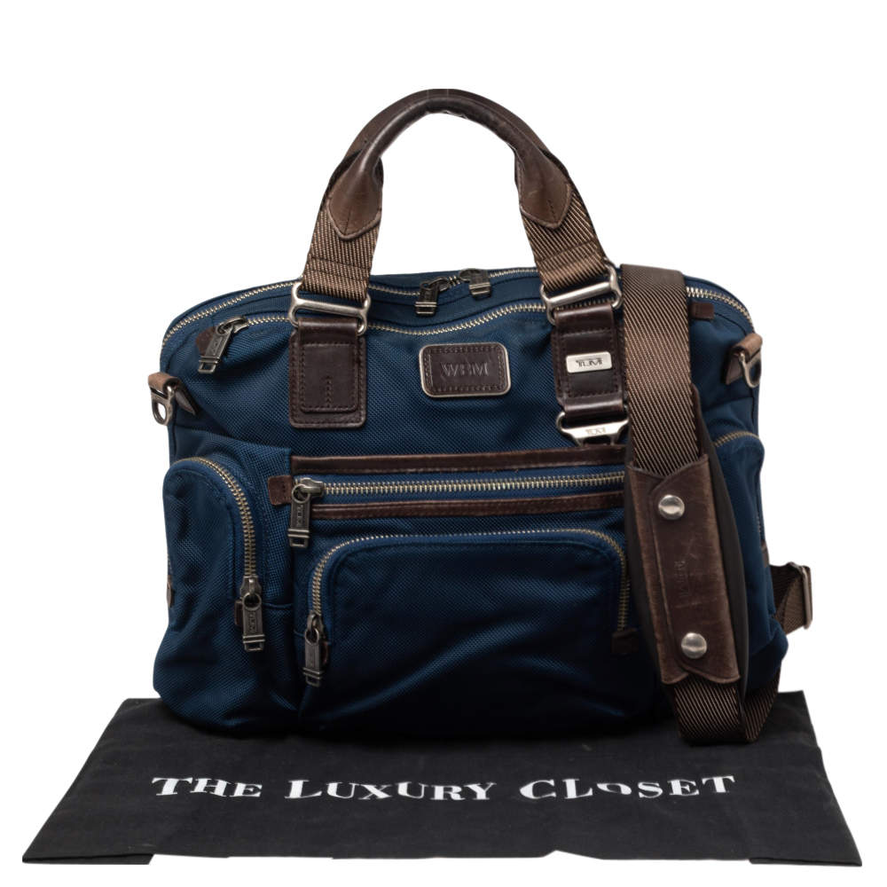 TUMI Blue/Brown Nylon and Leather Alpha Bravo Brooks Slim Briefcase