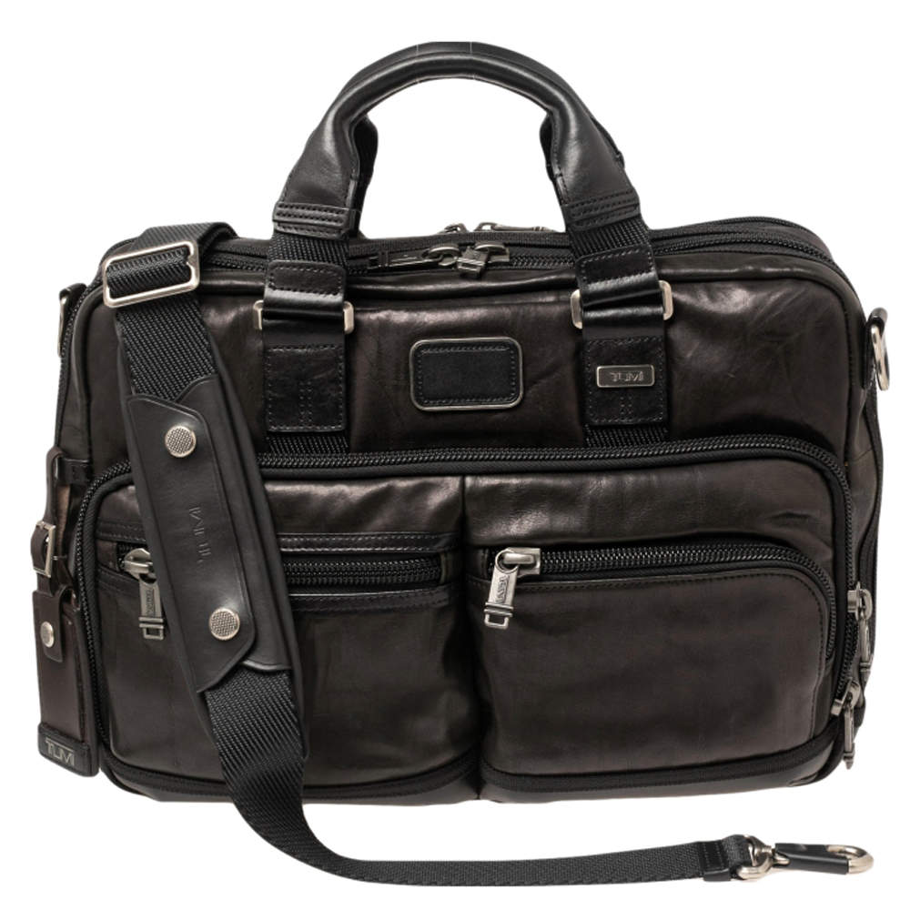 Pre Owned TUMI Metallic Dark Brown/Black Leather Alpha Bravo Andersen Slim Commuter Briefcase