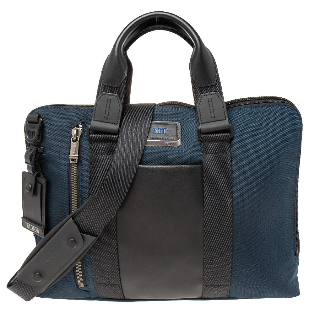 TUMI Navy Blue/Black Nylon and Leather Bravo Alpha Aviano Slim Briefcase