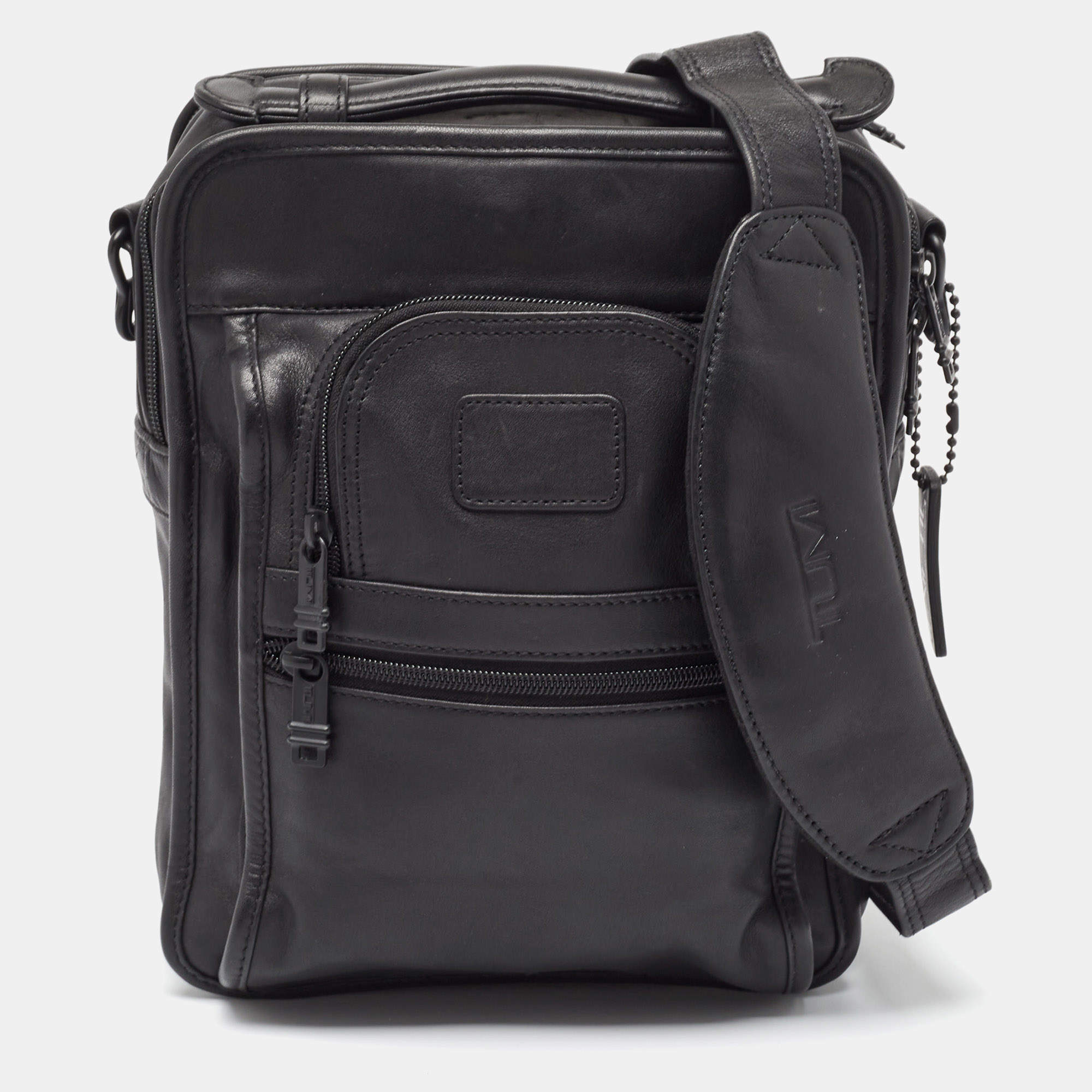Tumi Black Leather Double Zip Messenger Bag