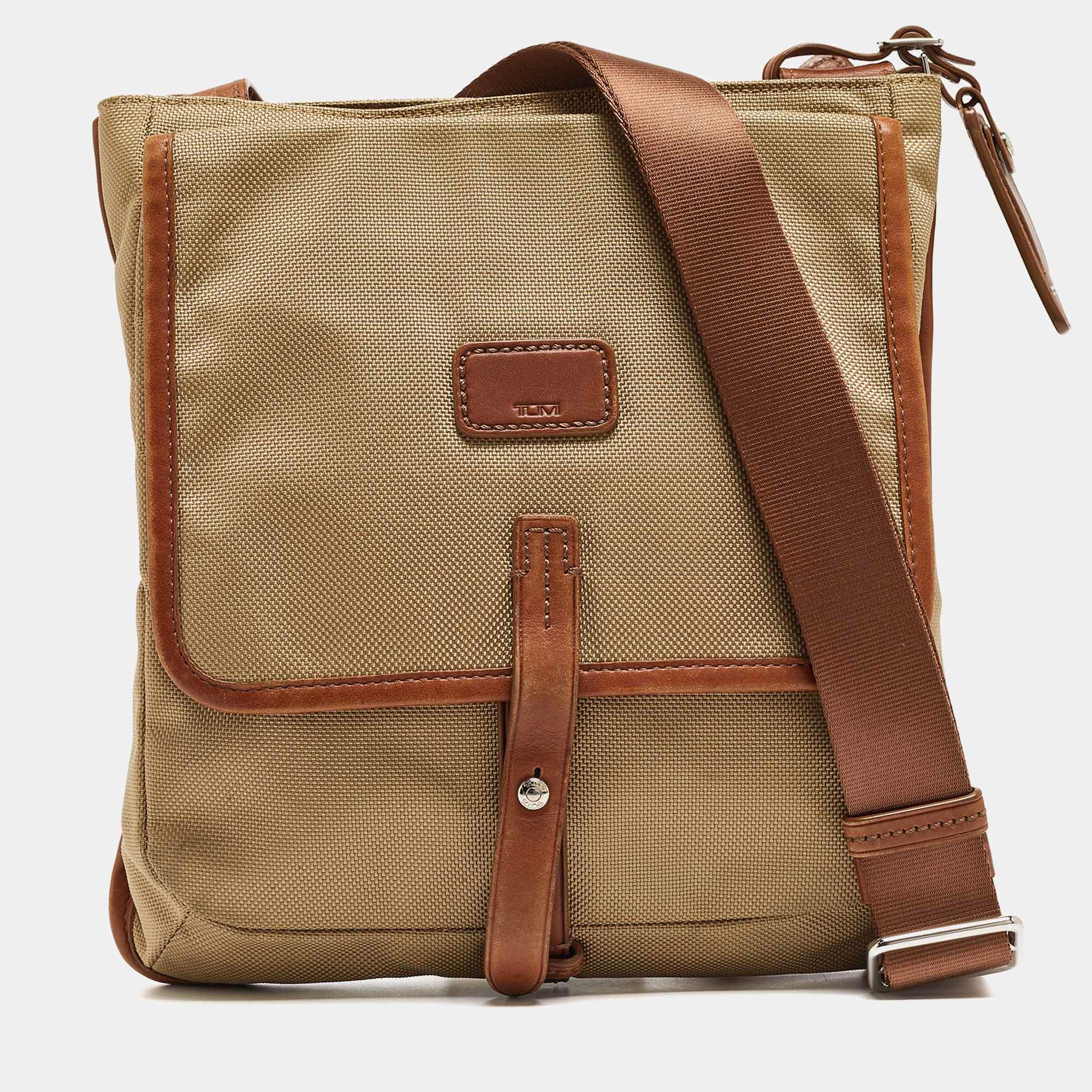 Tumi Beige/Brown Nylon and Leather Flap Messenger Bag