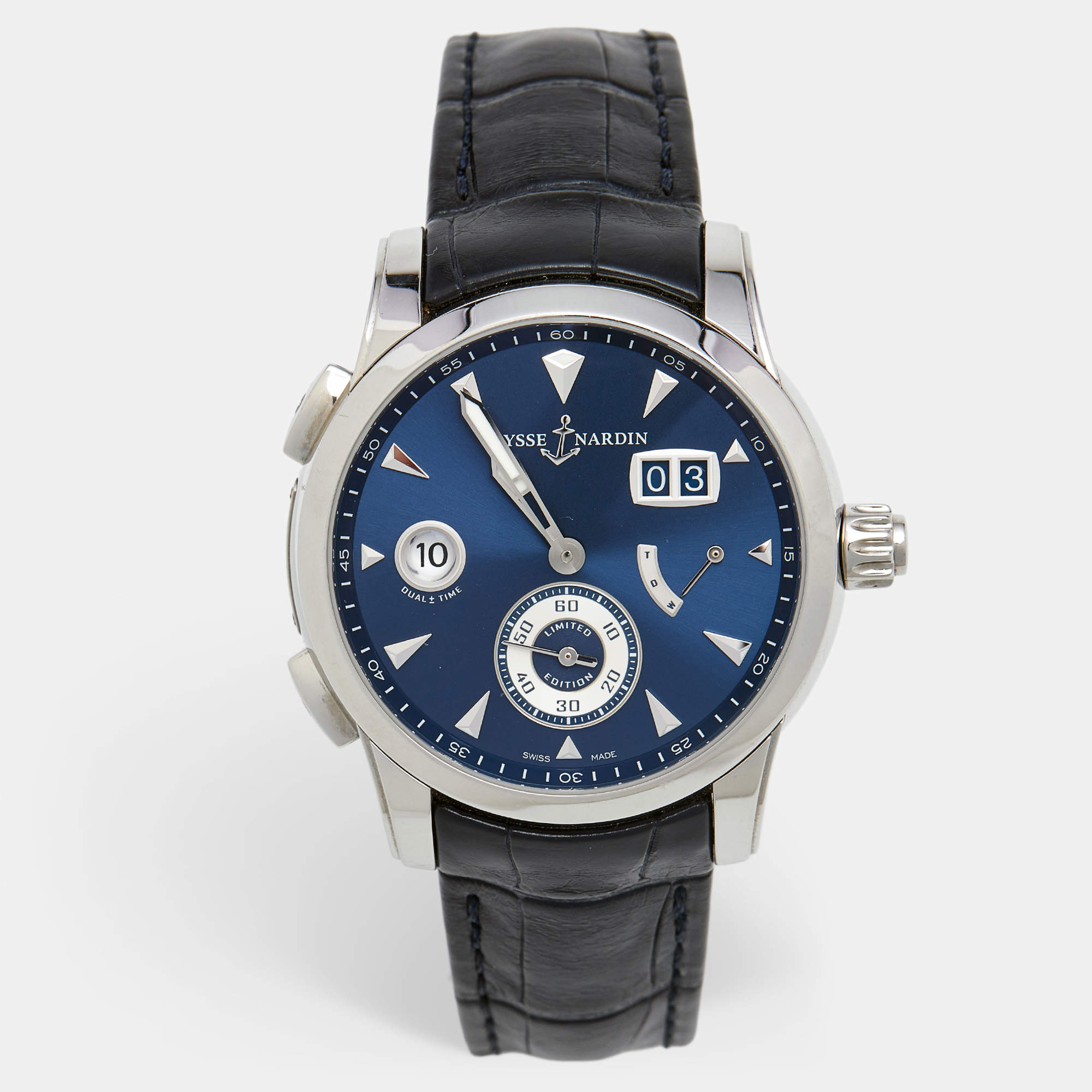 Pre Owned Ulysse Nardin Navy Blue Stainless Steel Alligator Leather Dual Time 3243-132LE/BQ Men's Wristwatch 42 mm