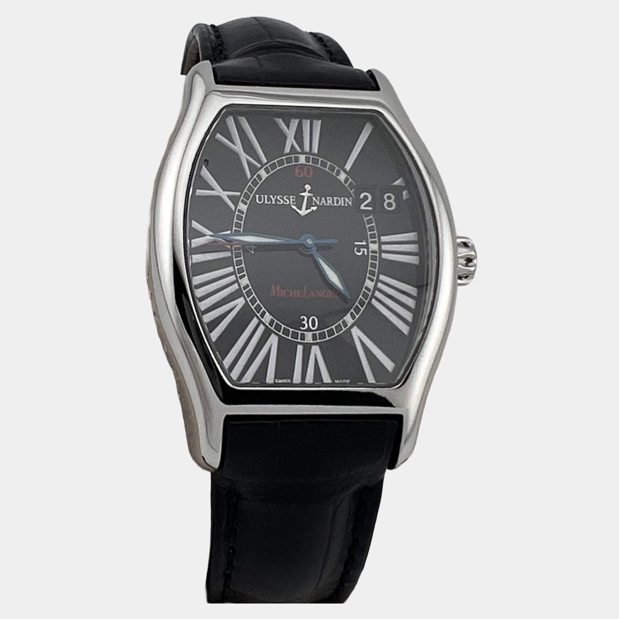 Pre Owned Ulysse Nardin Michelangelo Big Date 233-68 Automatic Black Dial Stainless Steel Men's Wristwatch 35 mm
