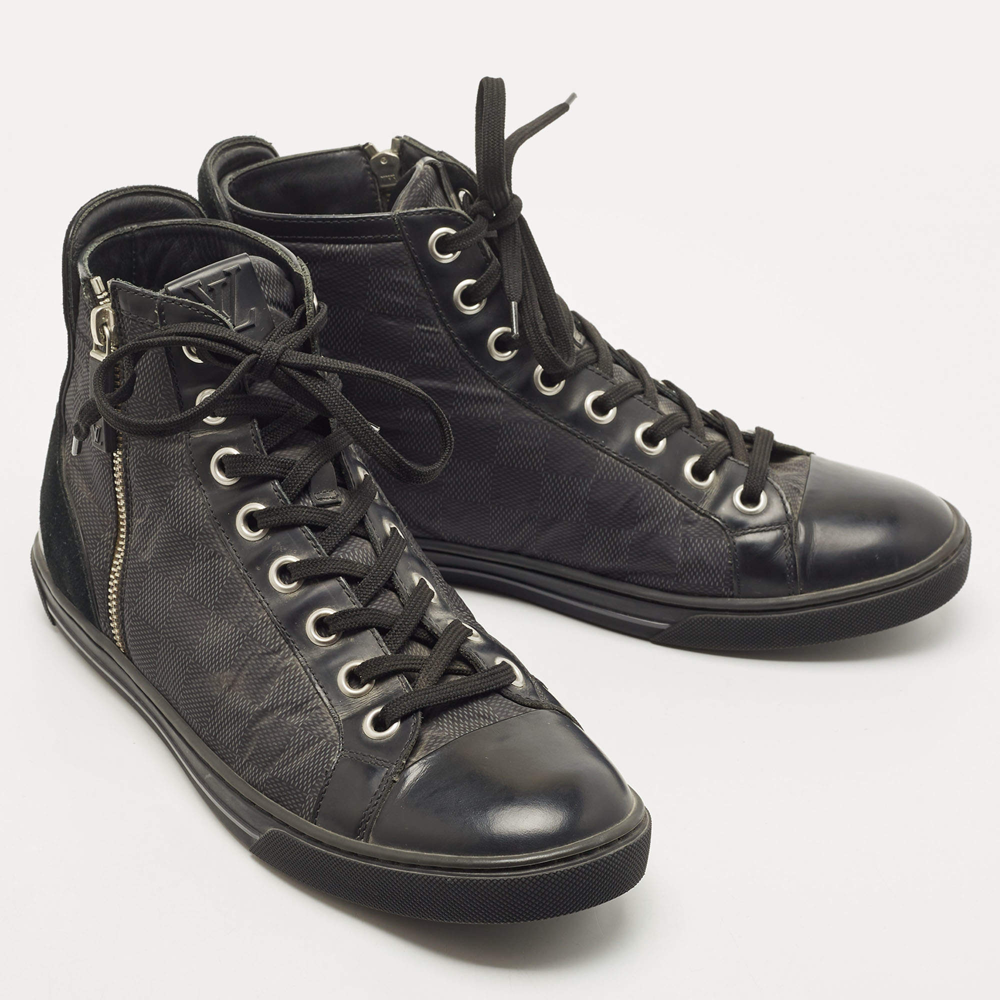 Louis Vuitton Graphite Fabric And Suede Trim Zip Up High Top Sneakers Size  45 For Sale at 1stDibs