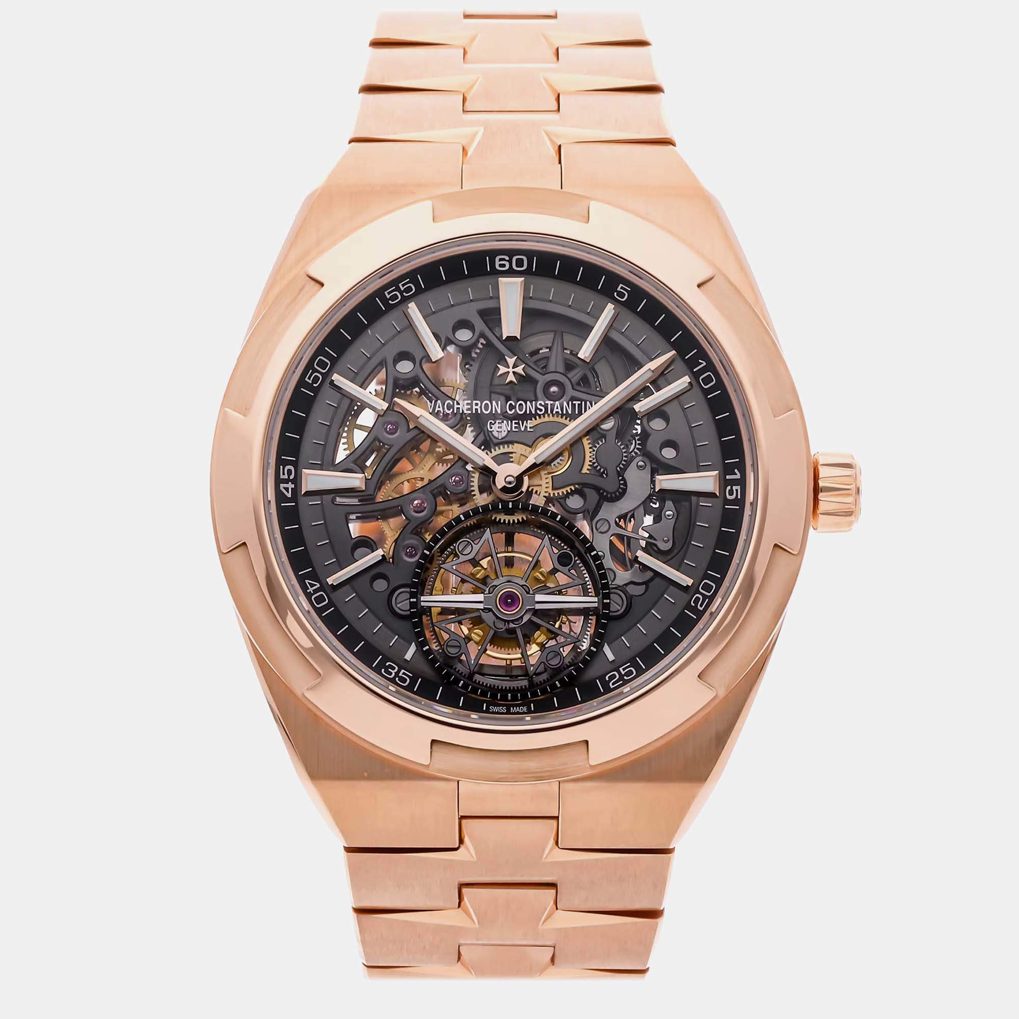 Pre Owned Vacheron Constantin Overseas Tourbillon 6000V/110R-B934 Automatic Rose Gold Blue Dial Men's Wristwatch 42.5mm