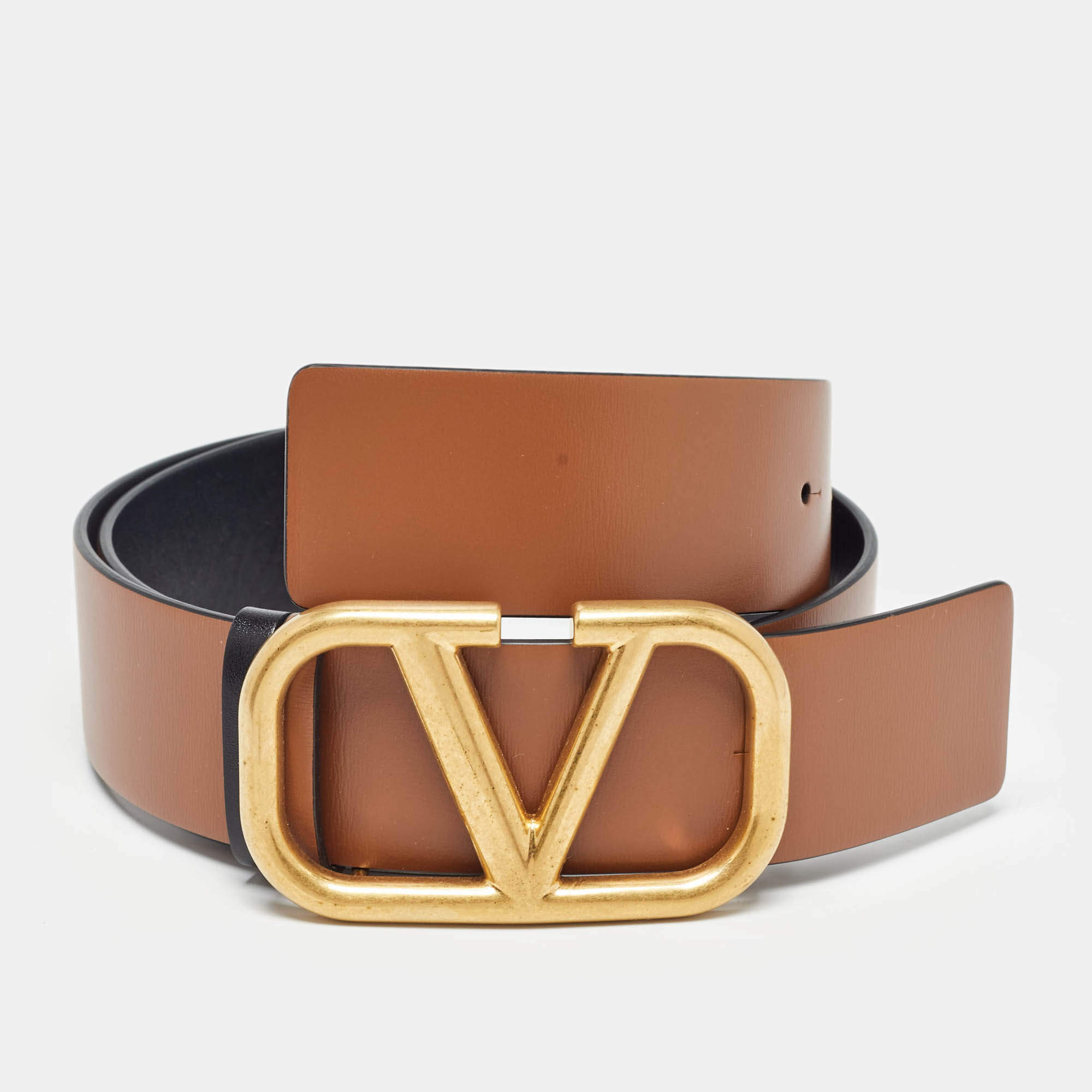 Pre Owned Valentino Brown/Leather Leather VLogo Reversible Belt 80CM