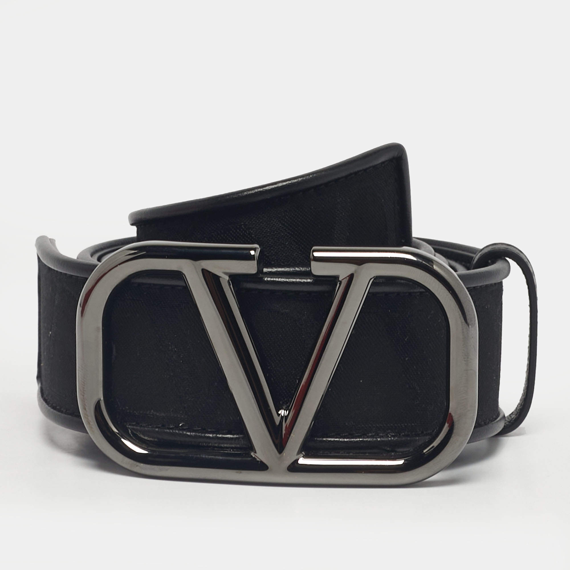 Pre Owned Valentino Black Iconographe Canvas and Leather VLogo Buckle Belt 90 CM