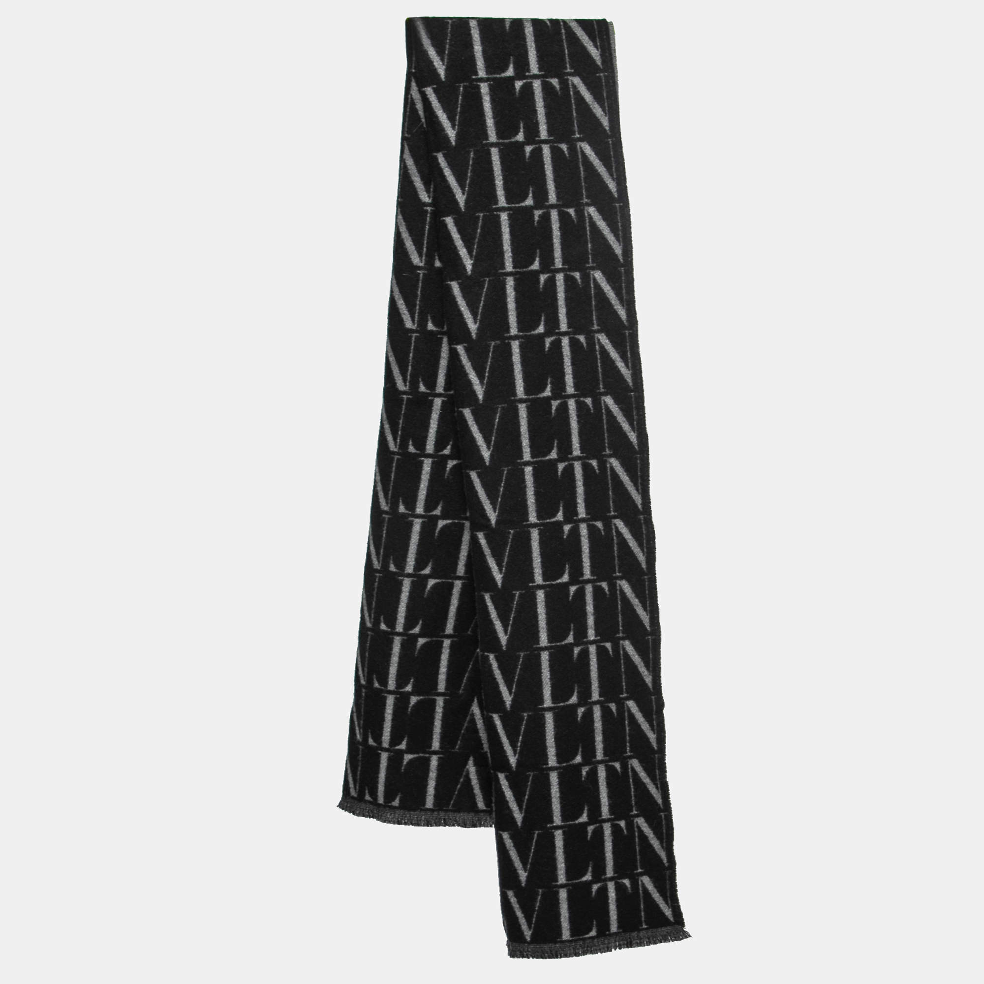 Valentino Black/Grey VLTN Printed Wool and Cashmere Scarf